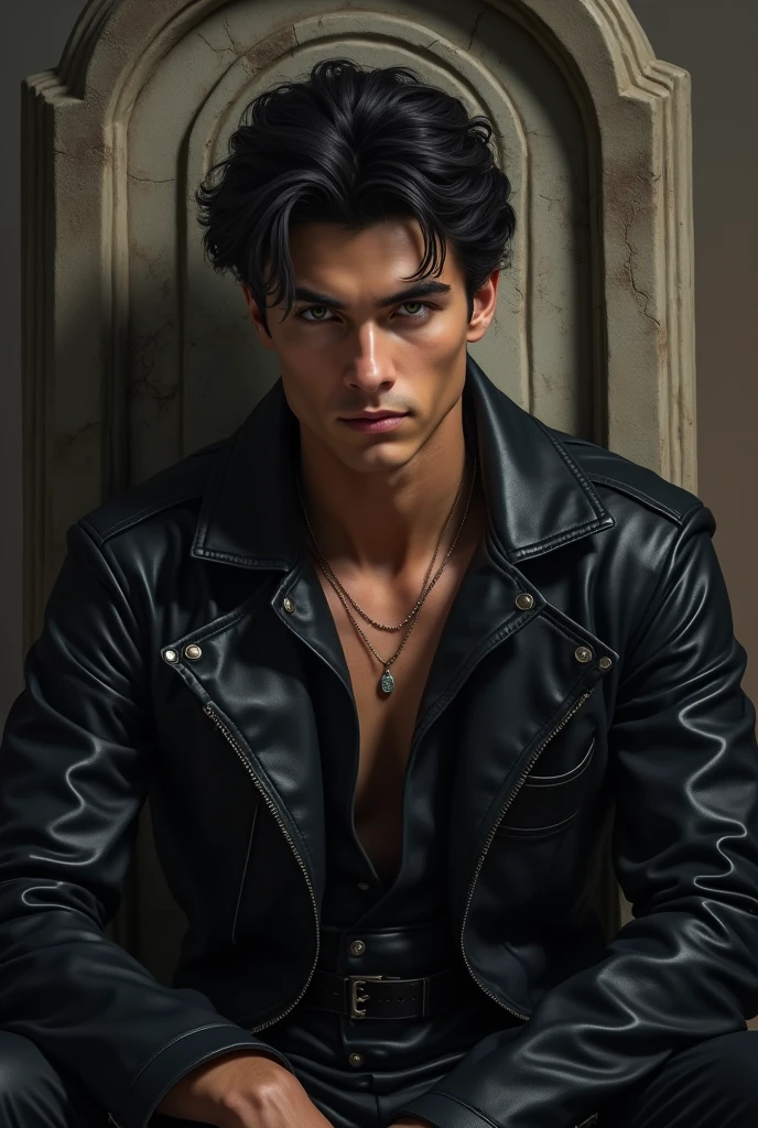 A guy with black medium hair with layers, light tan skin color, wearing a leather jacket with some purple arts on not much and looking straight and generate the image from head to knee and make him look like bruno mars from the please me video and make him stand and make him look focused and make the image like a wwe 2k24 wrestler portrait and make him pose like a model and make him only wear the jacket and make him show some of his physique