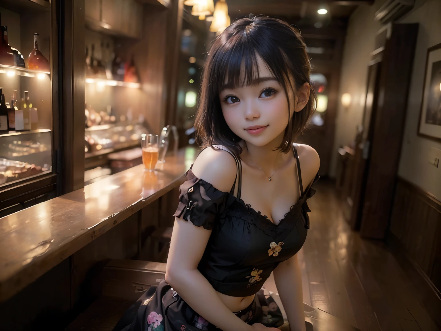(Highest quality, masterpiece, Ultra-high resolution, 8k, RAW Photos, Realistic, Anatomically correct:1.5), 20-year-old girl:1.2, Embarrassing, avert your eyes, blush:1.0, View Viewer, ((bar)) 、Large windows、Night view、 Light:1.2, Bokeh, Cinema Lighting:1.0, Depth of written boundary, sharp、 Cute Face、Idol、(Black short sleeve lace top)、(Black tulle skirt)、”dwarf”、(Full Body Shot)、(Side angle)、Cowboy Shot、( smile)、((Ultra short hair、Berry Short))、(Straight bangs)、((See-through))、(( One woman))、Waist、(I can see your thighs)、look back、