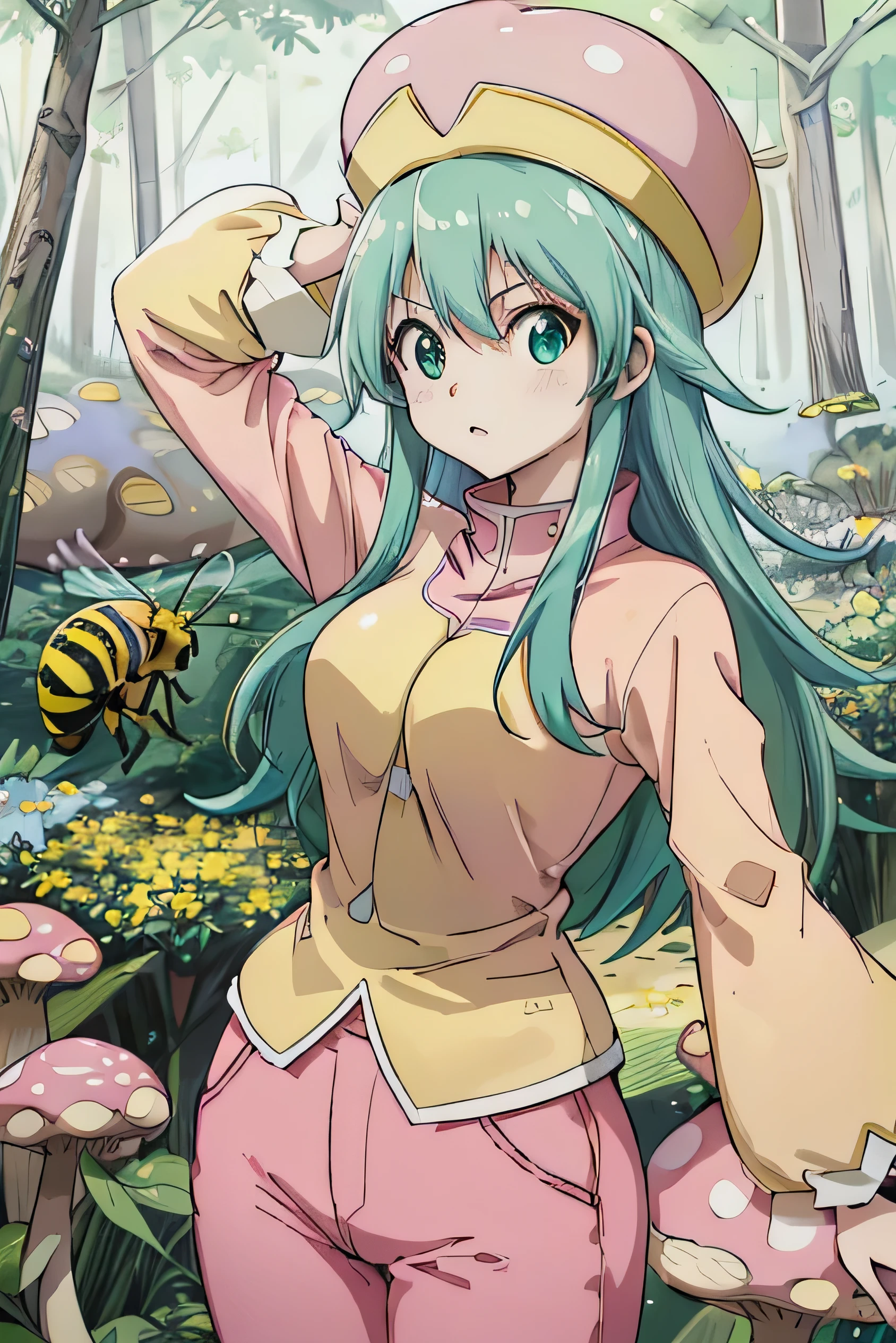 Highest quality, masterpiece, High resolution, detailed, Digital Art, HxHPonzu, Aqua Hair, Green Eyes, Have, round Have, Pink Shirt, Pink hat, yellow pants, Upper Body, anger, bee. 多くのbee, beeが飛ぶ, Mushroom Forest