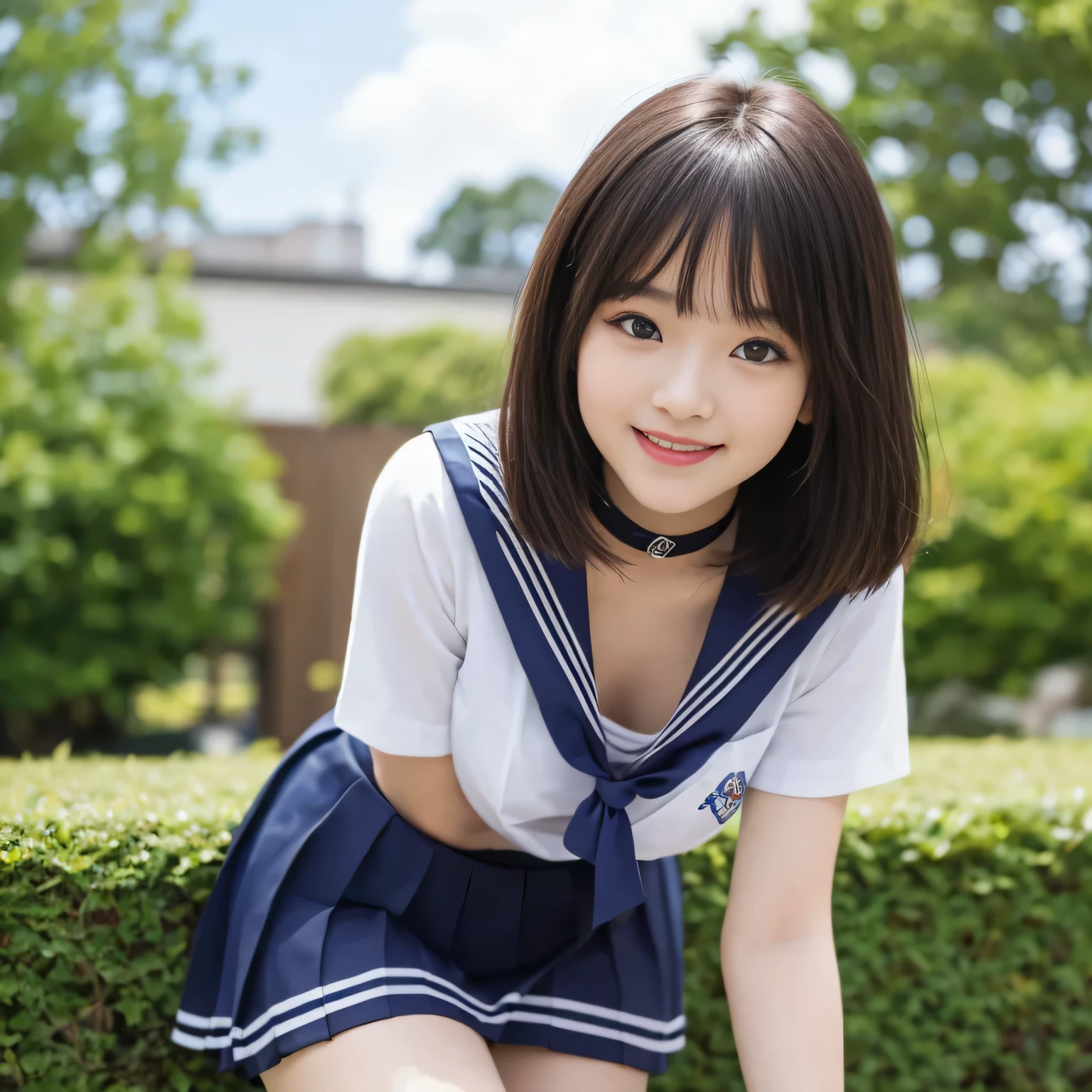 Highest quality, masterpiece, ((((alone))), (((One girl))), Pink Lips, A light smile,　Peering into the audience, Upper Body, Leaning forward, ((Sailor suit, mini skirt, JK)), Down blouse, Large Breasts, Firm breasts, Browsing Caution, Slim face, ((Layered Haircut)),（8k，Highest quality），Shot from medium distances, Adorable, Happy smile, Long brown hair, 32K, masterpiece, Best image quality, Black choker, Almond Eye, bangs, Very thick and long eyelashes, garden, blue sky, morning
