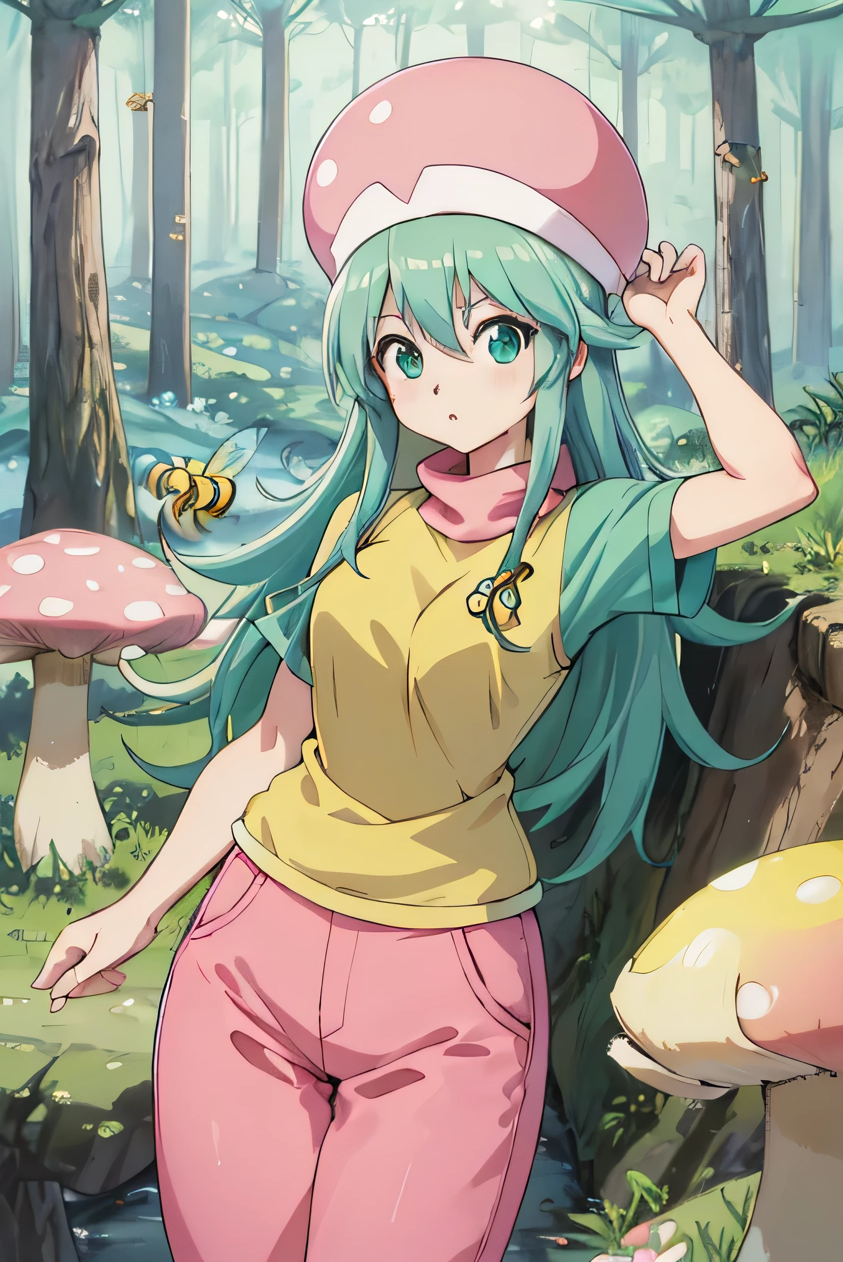 Highest quality, masterpiece, High resolution, detailed, Digital Art, HxHPonzu, Aqua Hair, Green Eyes, Have, round Have, Pink Shirt, Pink hat, yellow pants, Upper Body, anger, Bees fly, Mushroom Forest