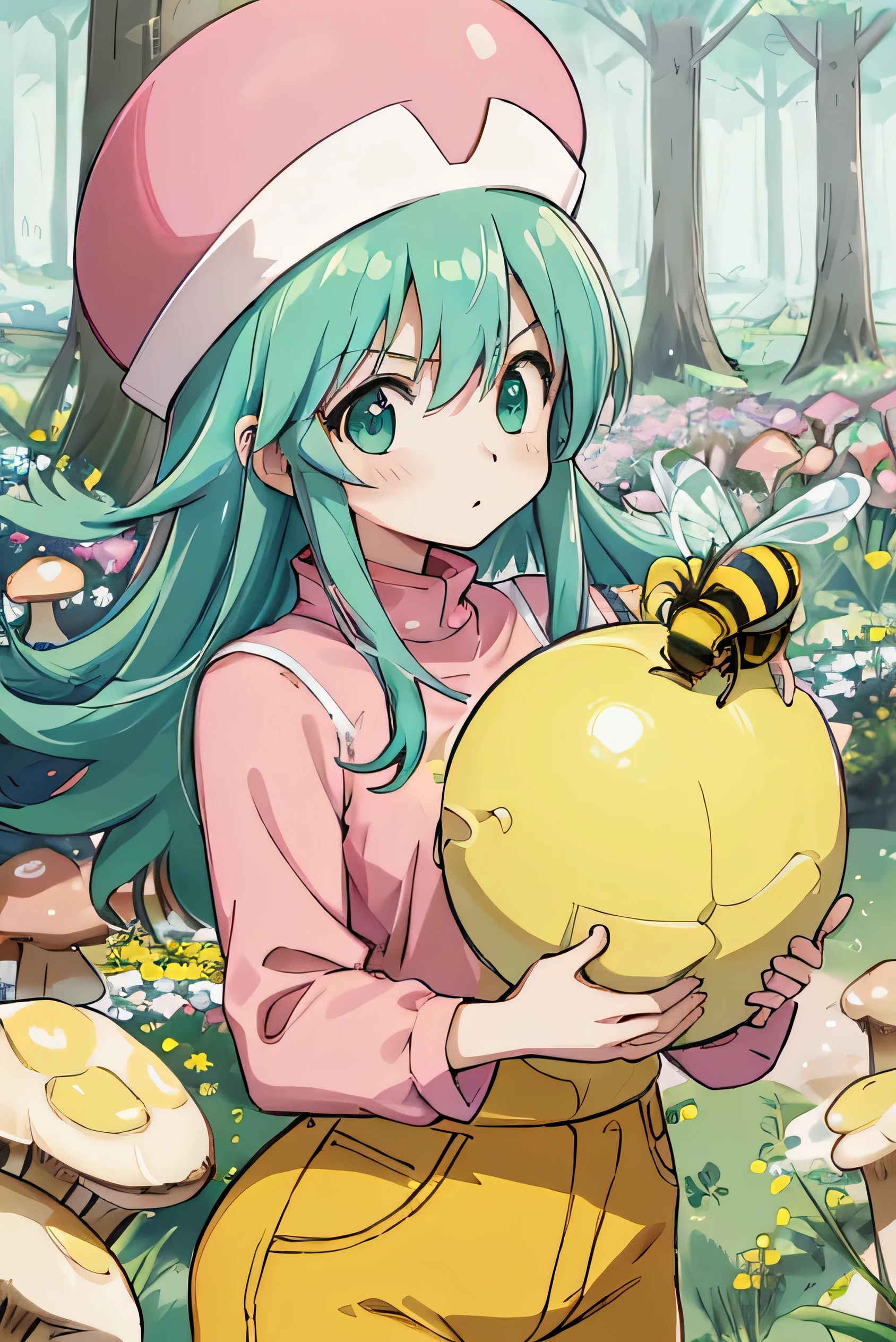 Highest quality, masterpiece, High resolution, detailed, Digital Art, HxHPonzu, Aqua Hair, Green Eyes, Have, round Have, Pink Shirt, Pink hat, yellow pants, Upper Body, anger, bee. 多くのbee, beeが飛ぶ, Mushroom Forest