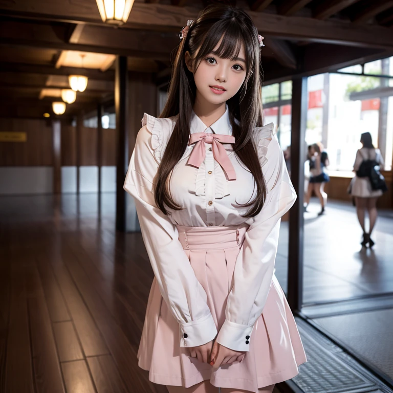A cute animelike race queen wearing a chiffon miniskirt, anime-style but realistic expression, angle shot from below, lecture full of rose flowers in the back, blurred background