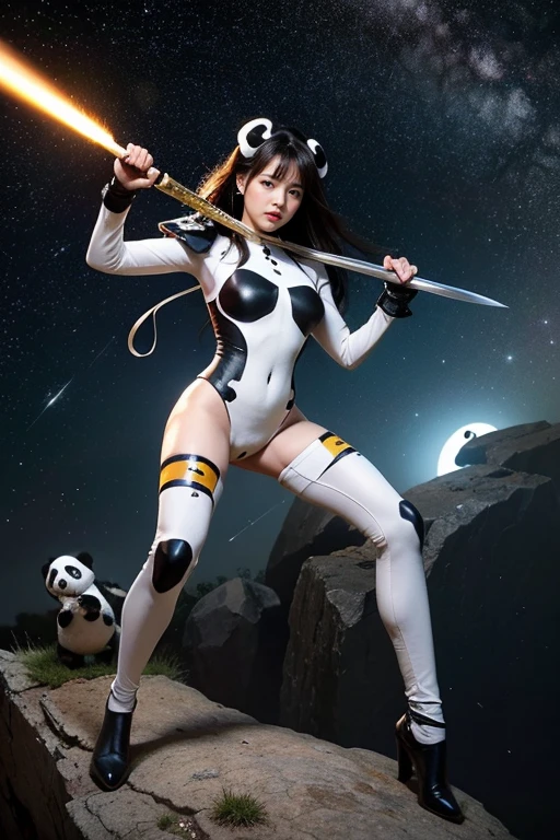 Highest quality, masterpiece, Realistic, High resolution, 8K RAW Photos, 1girl、Long Hair、goddess、Holding a decorated sword、Raise your sword、Glamour、(White bodysuit with panda motif、Gold Edge)、during、Earrings、(Action pose)、(On a rock on a planet where you can see a meteor shower)、(Many tentacles floating in the starry sky）、Panda Shield、Panda Missile、Panda Sword、Panda Armor、Attack with Panda、Panda fighting goddess、horn、