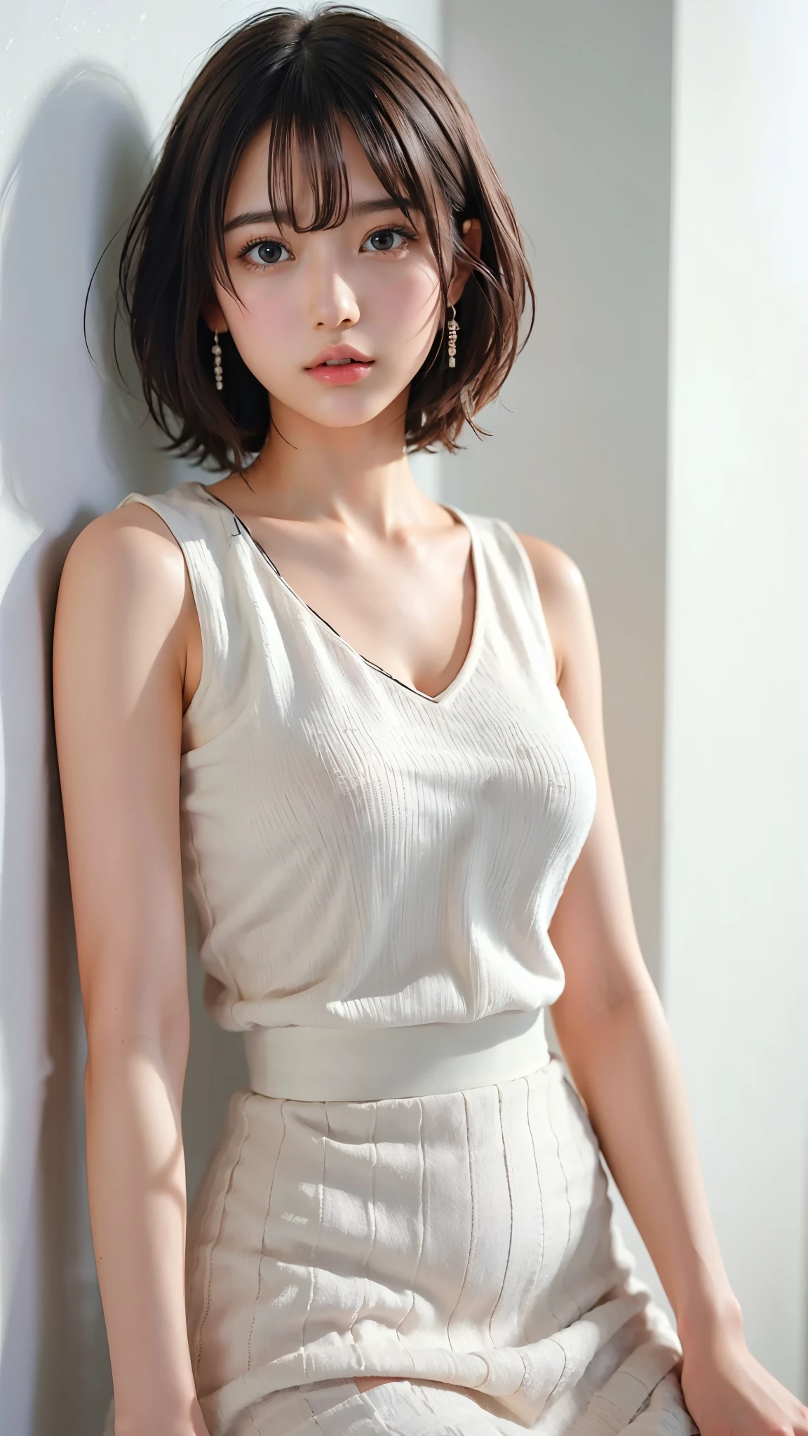 (UHigh resolution, retina, masterpiece, Accurate, Anatomically correct, Textured skin, Super Detail, Attention to detail, high quality, 最high quality, High resolution, 1080P, High resolution, 4K, 8k, 16K), (美しいAttention to detail目, Beautiful lip detail, Highly detailed eyes and face), Soft lighting, Physically Based Rendering, Vibrant colors,((((最high quality), masterpiece, 高精細CG8kイラスト, High collar, extremely High collar saturation, All the colors have deepened, paint, Graffiti art, Center Configuration, Highly detailed lights and shadows, Art Wall, wall painted bright, One personの女の子の落書き, Highly detailed face and eyes, Big Breasts,Short skirt,Sleeveless knit shirt with open chest、Against the wall、short hair、Bob Hair))), (Glowing Skin), (Wide-angle), Eye Reflexes,(whole body,Leg) (Gazing at the audience),Active,(One person,One personで),(((White wall background))), (Pure Eros Face_1:0.33), (Urzan-6500:0.33),Portraiture,Farsightedness,Korean Girls