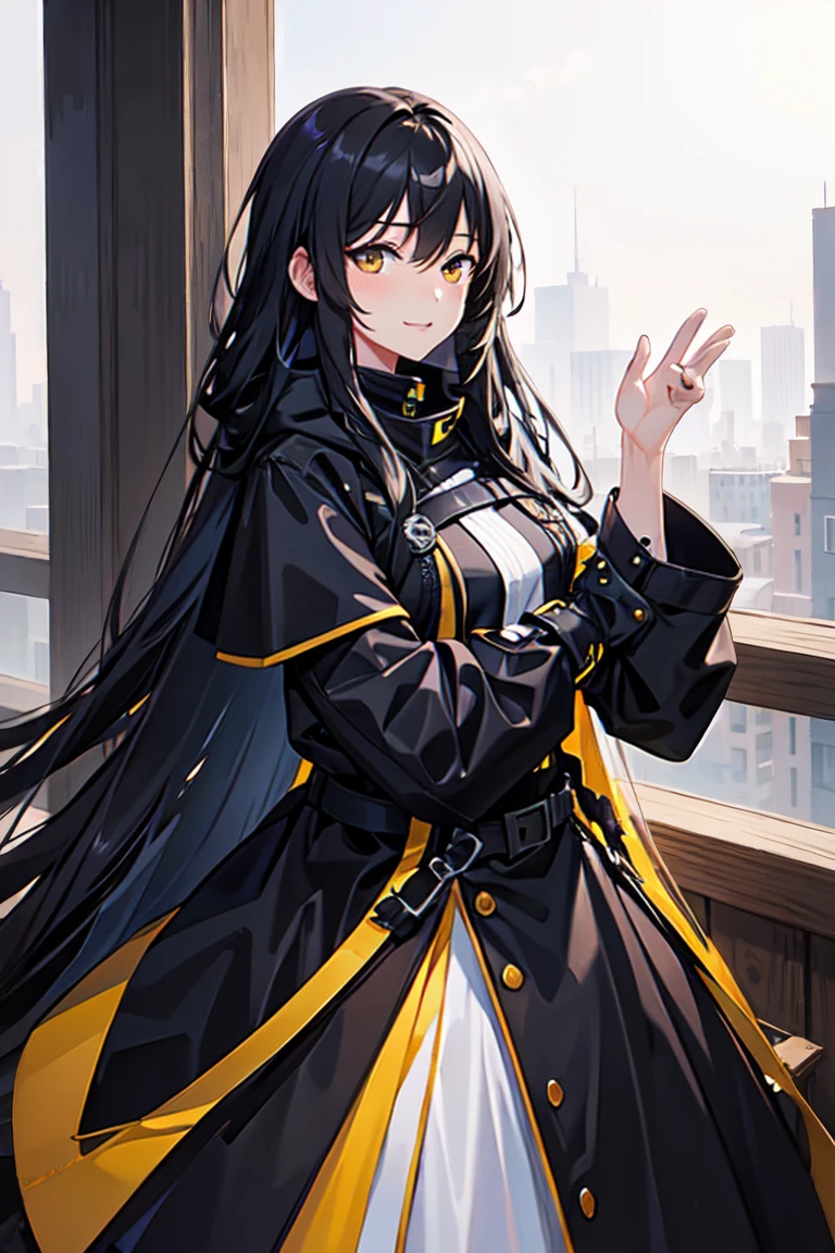 long hair down to the back, black winter coat, warm smile, yellow eyes, masterpiece, 4k, Digital art 