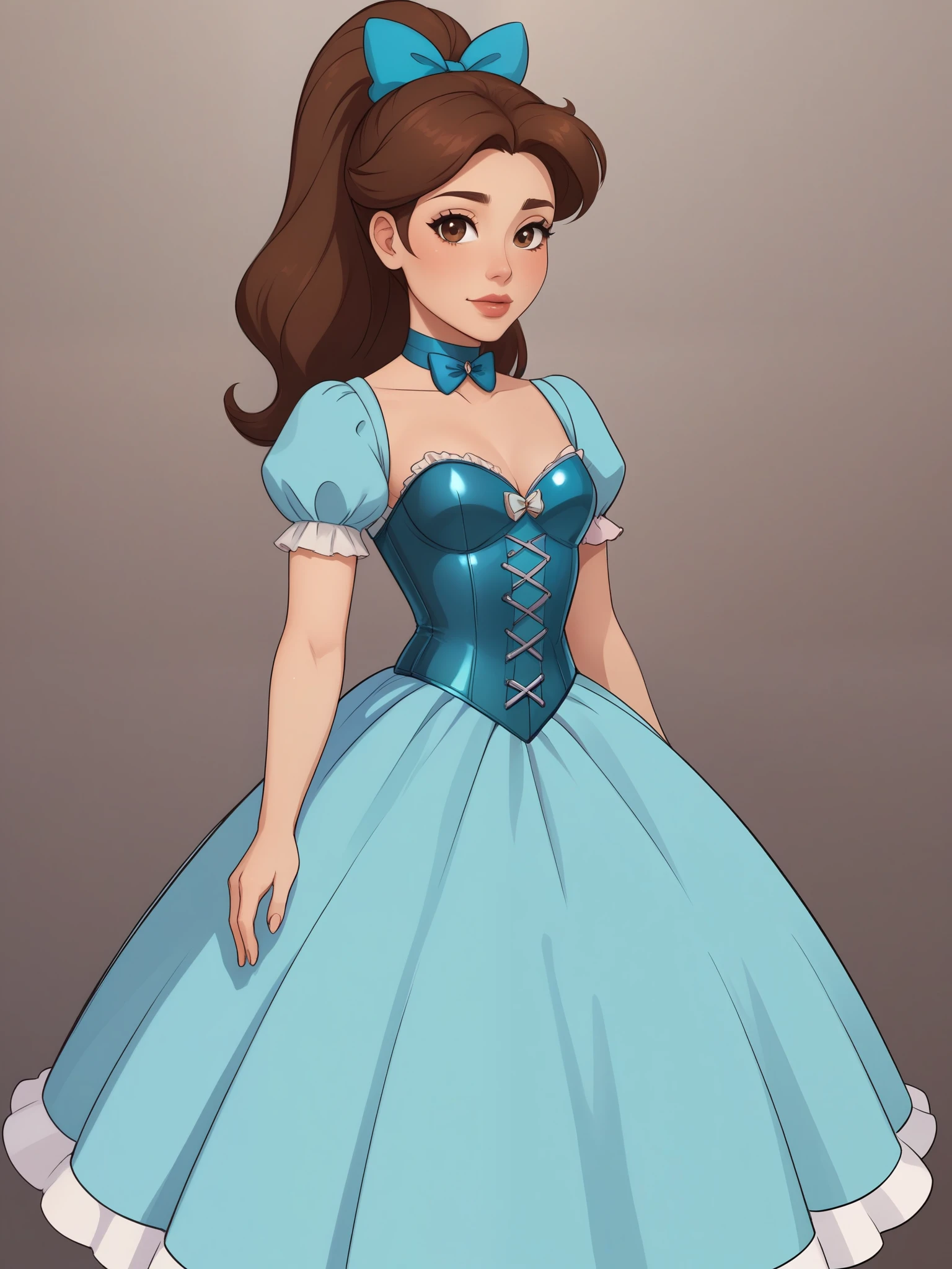 Princess Marco. brown eyes, brown hair, ponytail. small breasts. choker. bow. princess dress. latex dress. corset
