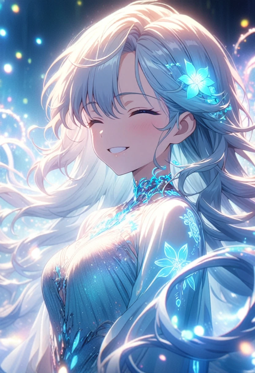 Masterpiece, highest quality, highly detailed CG Unity 8k wallpaper, anime screenshots, female anime character with neon chain. Art of a female anime character with a glowing neon flower tattoo and spiral chains all over her body. This scene with flowing hair has a nice soft focus effect, highlighting the magical glow of the tattoo. He is smiling with his eyes closed and his mouth open. Bokeh photography, (soft focus): 1.2, out of focus highlights, dreamy atmosphere, glowing circles, mesmerizing depth, depth of field