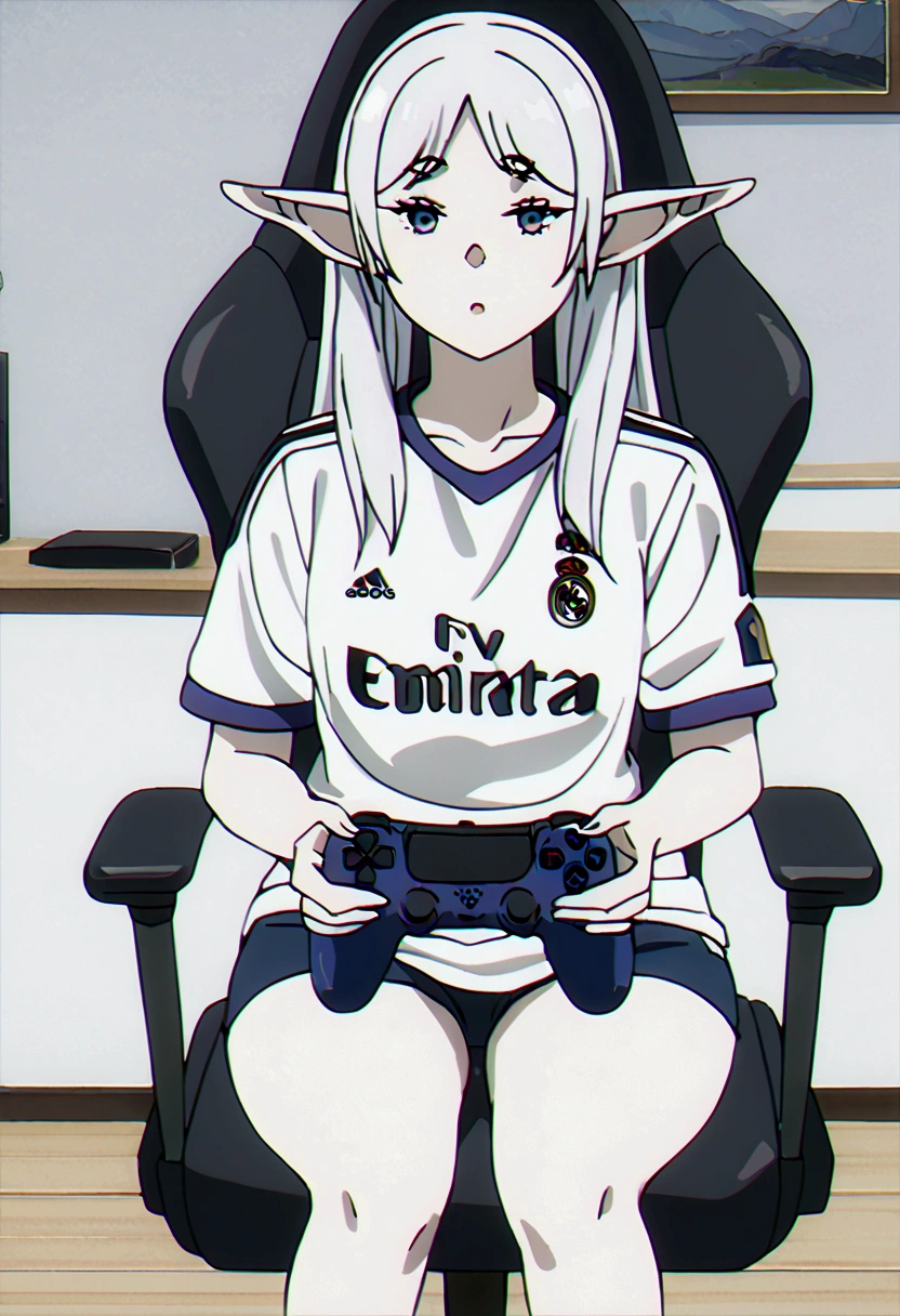 (best qualityer, work of art),sexually,  erotic, 18+, NSFW, 1 girl, 1 , dressed in the Real Madrid shirt, elf ear , 4k image quality , standing, straight posture, holding ps5 controller, short shorts ,  sitting in the games chair , sitting across