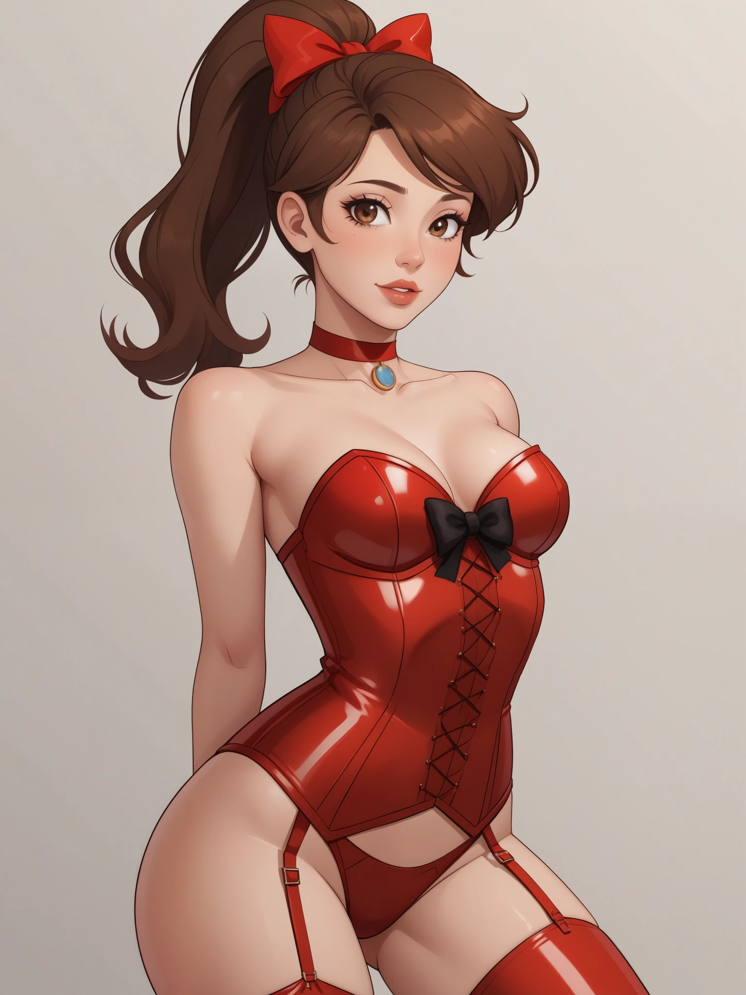 Princess Marco. brown eyes, brown hair, ponytail. small breasts. slim body. choker. bow. red latex suit. corset
