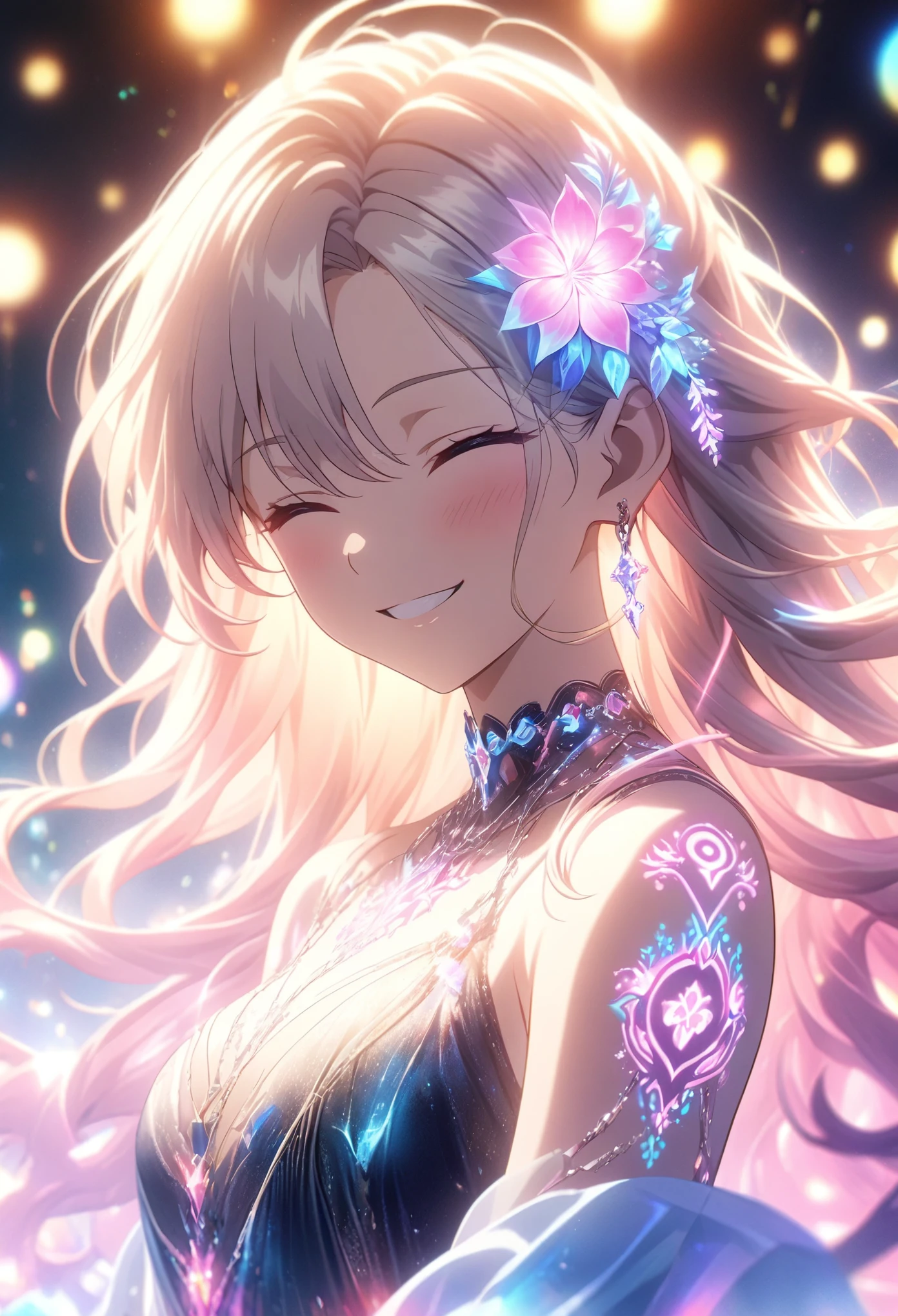 Masterpiece, highest quality, highly detailed CG Unity 8k wallpaper, anime screenshots, female anime character with neon chain. Art of a female anime character with a glowing neon flower tattoo and spiral chains all over her body. This scene with flowing hair has a nice soft focus effect, highlighting the magical glow of the tattoo. He is smiling with his eyes closed and his mouth open. Bokeh photography, (soft focus): 1.2, out of focus highlights, dreamy atmosphere, glowing circles, mesmerizing depth, depth of field