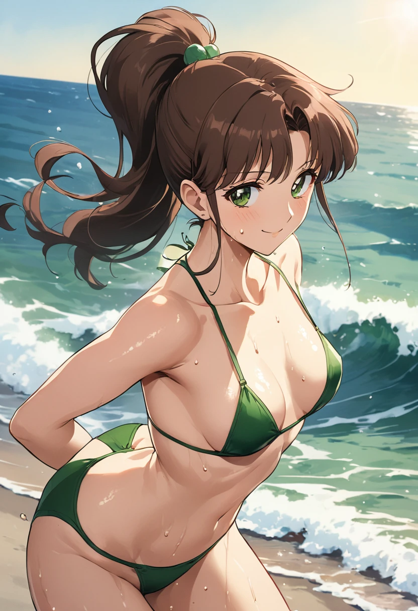 masterpiece, Highest quality, High resolution, (Makoto Kino),30 years old, adult lady, (tall:1.2), fashion model body shape, 1990s \(style\),height: 175cm, Small face,Green swimsuit、Green Bikini,(E-cup beautiful breasts)、、Sweating all over the body、Beautiful big 、Muscular、sexy、Sweaty、Configuration from the front、smile、Anime-style painting style,Brown Hair、ponytail、A dynamic pose,A composition that focuses on the whole body,Cinema Lighting,Super Fine,Best aesthetics,The background is the sea