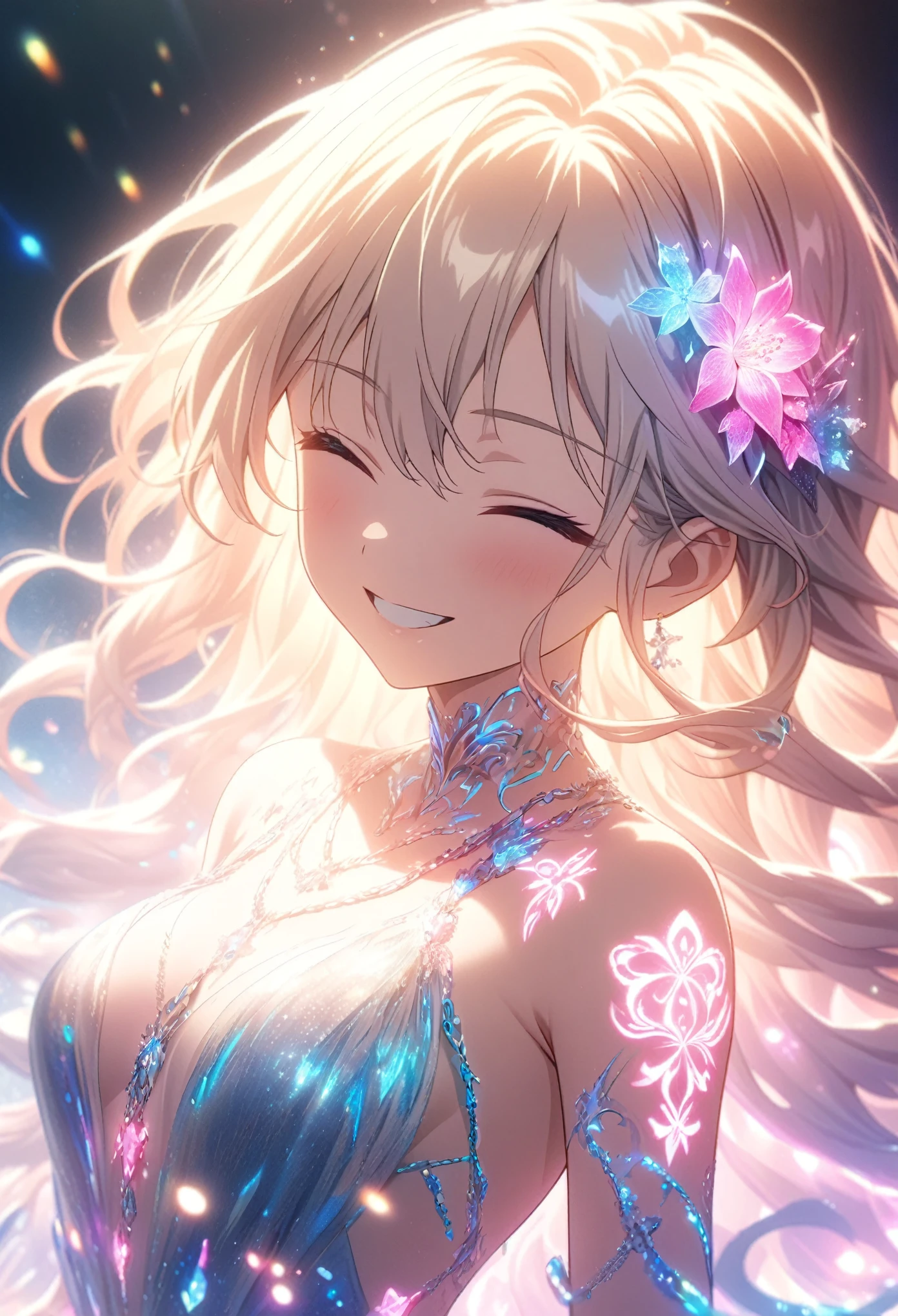 Masterpiece, highest quality, highly detailed CG Unity 8k wallpaper, anime screenshots, female anime character with neon chain. Art of a female anime character with a glowing neon flower tattoo and spiral chains all over her body. This scene with flowing hair has a nice soft focus effect, highlighting the magical glow of the tattoo. He is smiling with his eyes closed and his mouth open. Bokeh photography, (soft focus): 1.2, out of focus highlights, dreamy atmosphere, glowing circles, mesmerizing depth, depth of field