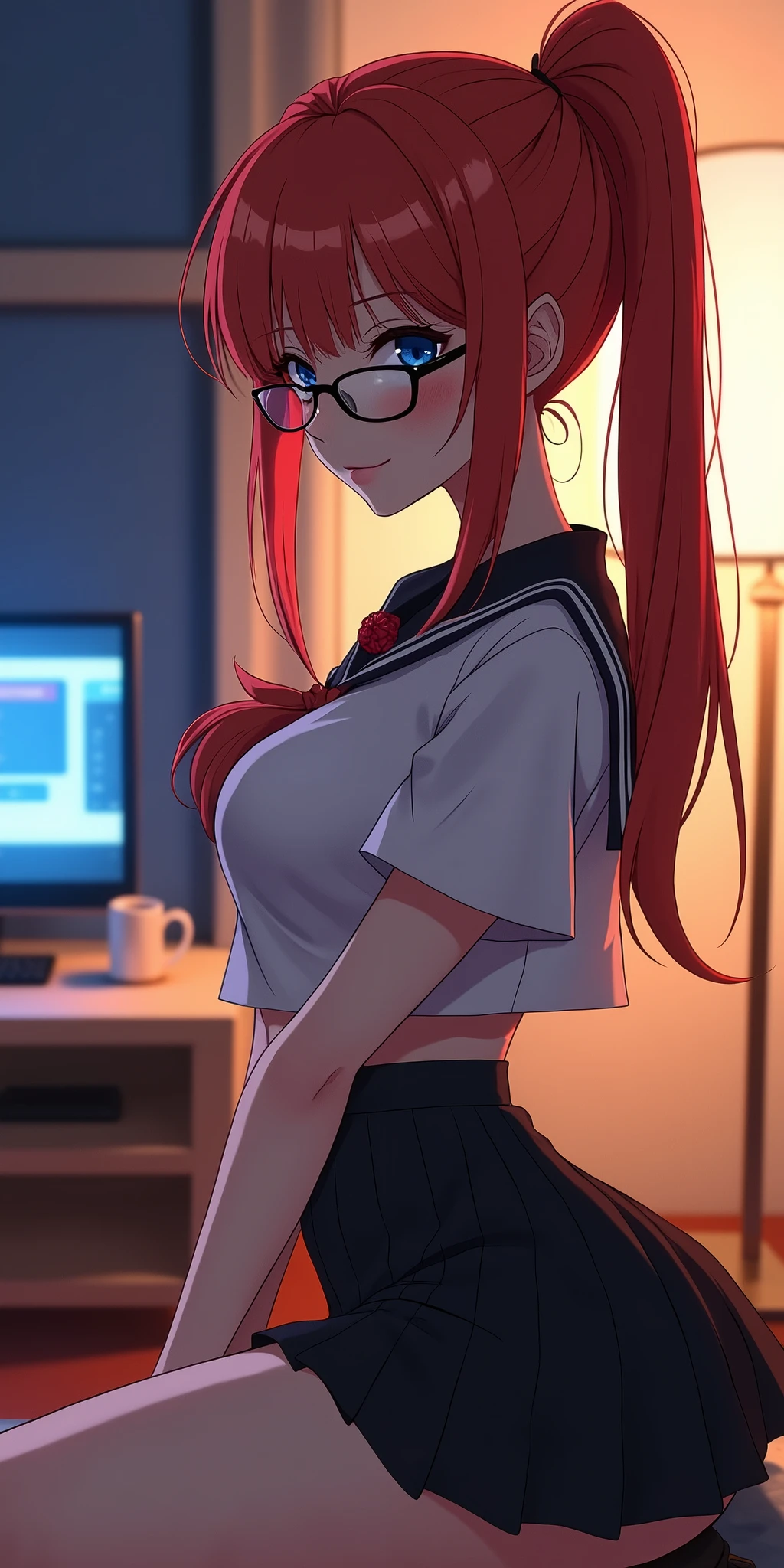 nerdy {multicolored hair} {loose clothes} {expressive eyes} leaning sexy