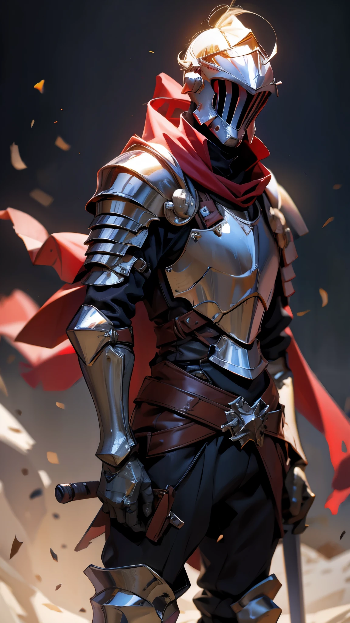 envision a realistic statue of a faceless Crusader Knight, Armor, Red Cape, (((1boy))), in dark lighting, against a dark background