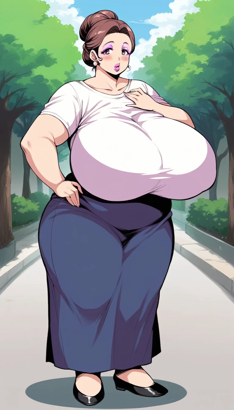 anime colord,kazami torino,(gigantic breasts:1.4),wide hip,thick thighs,plump,mature female nude,brown hair,updo,lipstick,tareme,cowboy shot,blush,  (((phosphor pink lipstick, plump lips, phosphor pink eyeshadow)))((In the background a street with trees and houses attached like apartments))(((full body)))