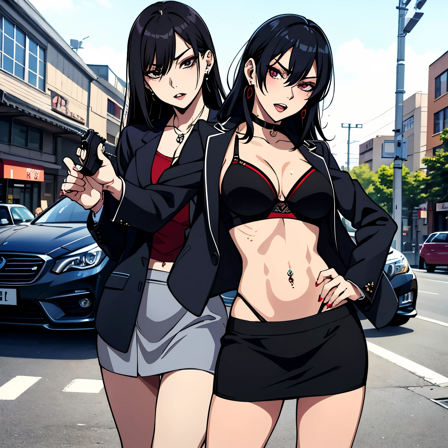 2girl, Dakeda Kaneshiro, tattoo, black hair, masterpiece anime character with long hair and red flowers, inspired by Kusumi Morikage, female anime character, , as a character in tekken, beautiful anime woman, the piercing stare of yuki onna, manhwa, yakuza girl,  earrings, jewelry, long hair, blush, lipstick, Hot girl, baddie, staring, glaring, bad attitude, mean girl, dare, angry, hate, crazy, smoking, sensual, attractive, masterpiece, best quality, highly detailed, a girls with a gun, open mouth, blazer, sexy gaze, (nsfw) not
safe for work, badass pose , evil smile, smile, black bra, anime girl with long hair, long haired girl,
navel, evil expression, exposed belly, exposed navel, exposed midriff, exposed lower belly, micro
miniskirt, micro pencil skirt, pencil skirt ,holding a gun, holding pistol, holding pistol,next to police
car,outdoor,street,road, police car