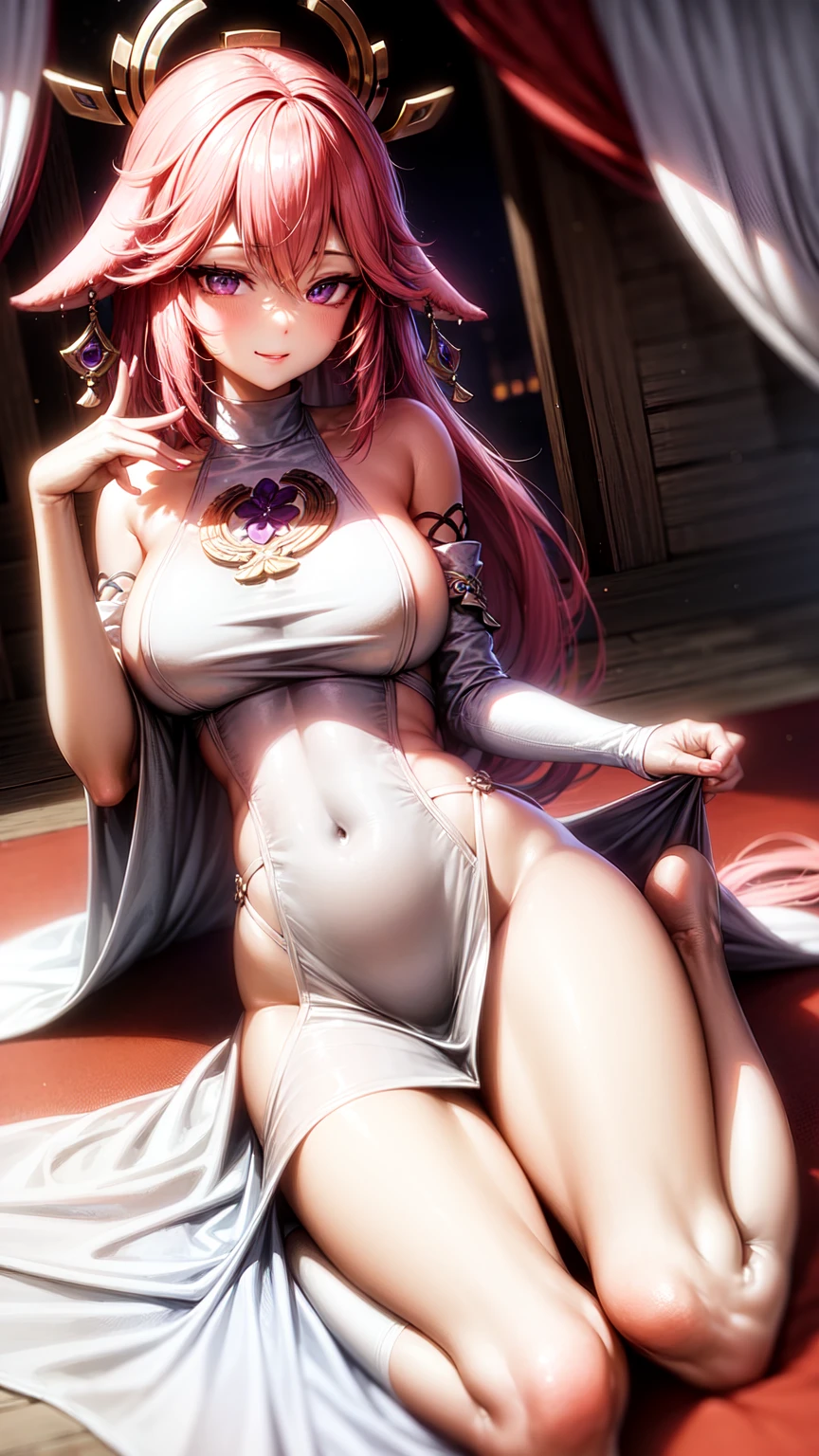 Yae Miko,purple eyes,Wedding Dress,long skirt,pantimedias,seductive face,sexual,beautiful legs,from below,perfect anatomy