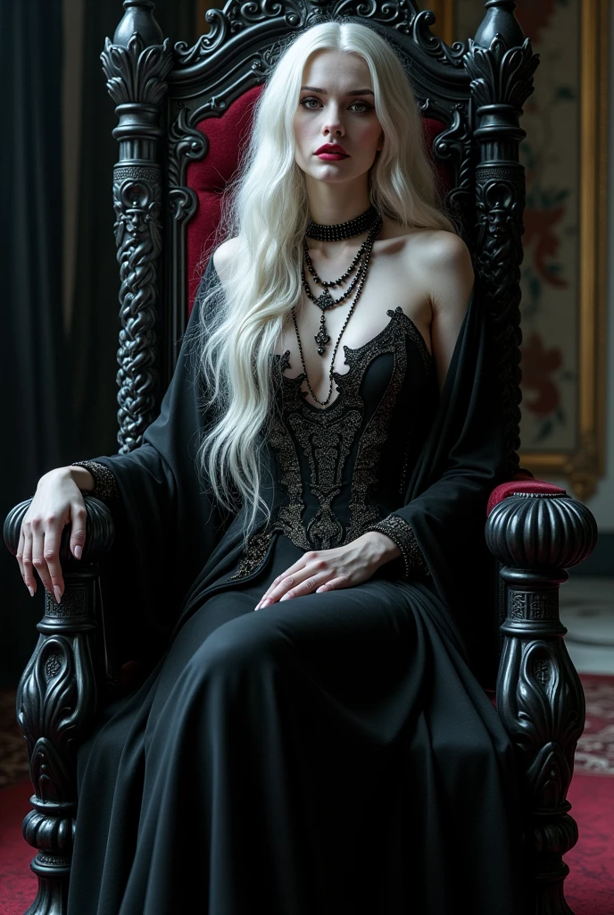 RAW Photos,black light, hair blonde, blonder woman, dark surroundings, Dark masterpiece, mulher fair brown-skinned, SITTING ON A THRONE, throne with thorns, black roses, woman in black dress, posing photo, long hair, hair blonde, black witchcraft, red geometric shiny background, full body size, Eastern fantasy theme, Eyes red, underworld, cold stare, Dark clothes, long and tight, fair brown-skinned, color classification, dark illustration, extreme quality, Radiant, extremely detaild, Face ultra detailed, ultra hd 8k, ultradigitality, mythical, black lightning, Conceital Art Portrait of Greg Rutkowski, artgerm, hyperdetailed, intricately detailed Gothic art, dark gothic fantasy style, triadic colors, Fantastic, intricate-detail, opening screen, colors complementary, fantasy concept art, 8K resolution, masterpiece of gothic deviantart, Heavy strokes, soft lighting, Surrealism