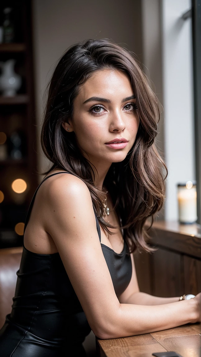 **incite:** A portrait of a brunette woman with shoulder length wavy hair, wearing a chic black dress. The setting is a cozy environment, dimly lit cafe with cozy atmosphere, ambient lighting. The woman has a serene expression, with a soft smile and light makeup enhancing her natural beauty. The background features blurred details of the coffee, Creating a bokeh effect. The photo was taken with a Canon EOS 5D Mark IV, using a 50mm f/1.8 lenses for shallow depth of field, capturing a high-resolution image with rich colors and a touch of film grain.@Diego Karvak
