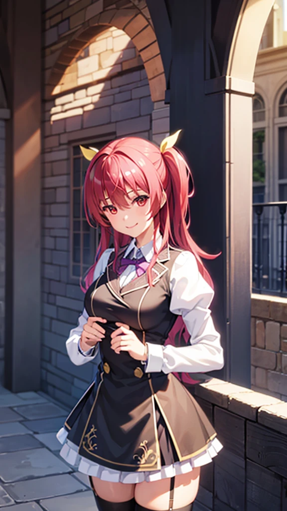 ​masterpiece、top-quality、1 girl in、stella vermillion、Uniforms、garter strap、black thighhighs、self-assured、Smiling school courtyard、is standing、cowboy  shot、a smile