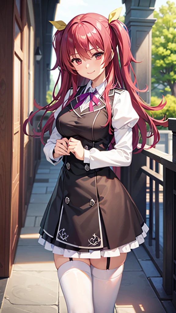 ​masterpiece、top-quality、1 girl in、stella vermillion、Uniforms、garter strap、black thighhighs、self-assured、Smiling school courtyard、is standing、cowboy  shot、a smile