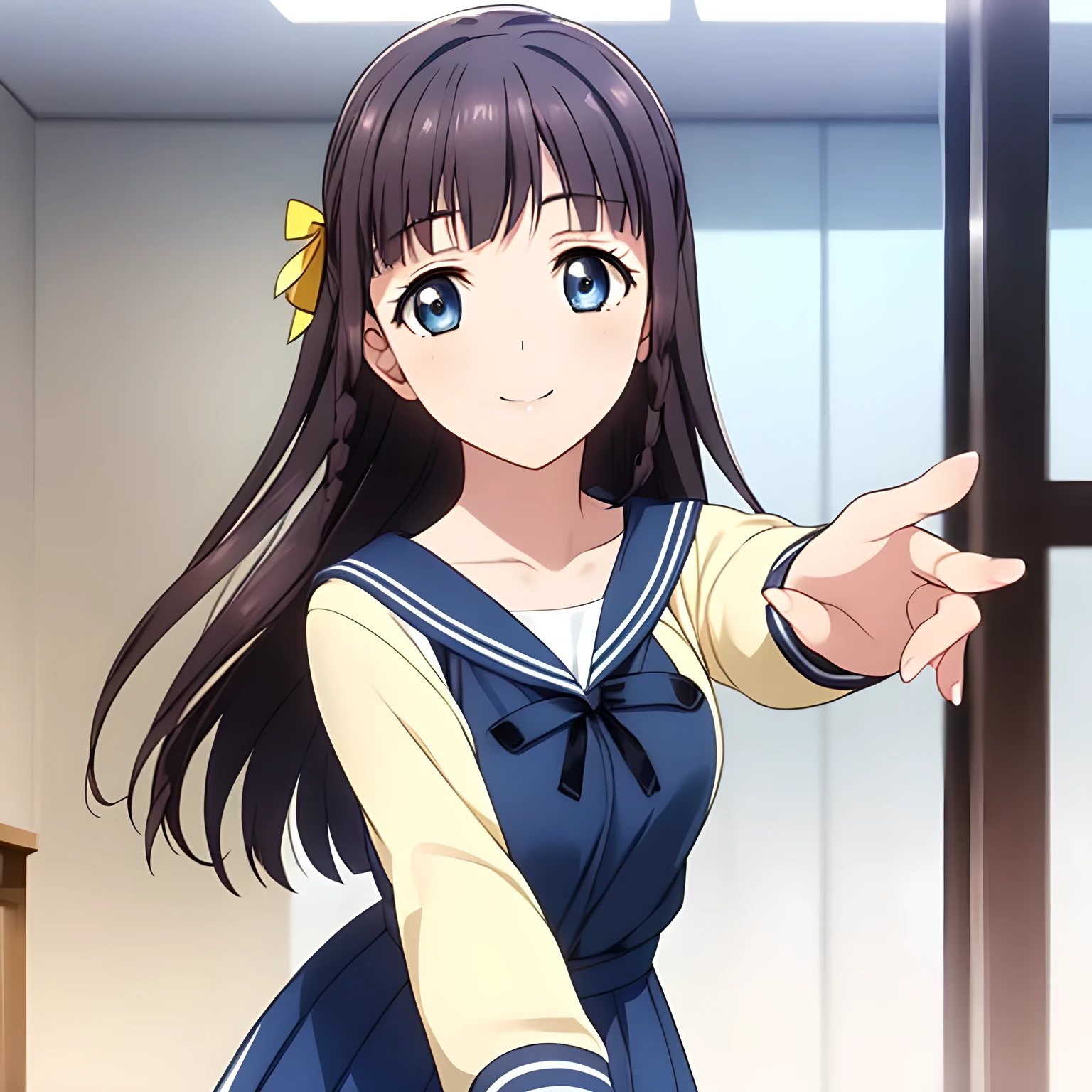 (Highest quality, masterpiece:1.2), Highest quality, High resolution, 1080P, 8k, Game heroine CG, height: 158cm, ((The heroine of the beautiful game, wearing a navy blue sailor uniform, is dancing and reaching out: 1.2)), A face everyone loves, Shiny lips, Bangs too, double, Long upper and lower eyelashes, smile blue eyes, The big, thick yellow bow tie is very cute.., ((Black Hair)), beautiful, Shiny, 長いBlack Hair, ((Parallel, Neat, Dark navy pleated skirt)), (Dark blue sailor uniform for winter with navy blue cute collar, All dark blue: 1.5), ((Navy blue sailor suit: 1.4)), smile, With your mouth slightly open like a game heroine, Ribbon in hair, Tight waist, The background is a blank white space, ((Blur the background)), (Beautiful eyes with detailed, looking deeply into my eyes: 1.2), (The sailor suit jacket is also navy blue.)