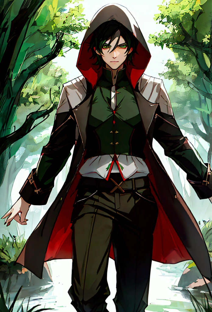 (masterpiece), 3 man, green eyes, black hair, green lock of hair,  White and red hooded trench coat with black trim, Black pants, in the countryside