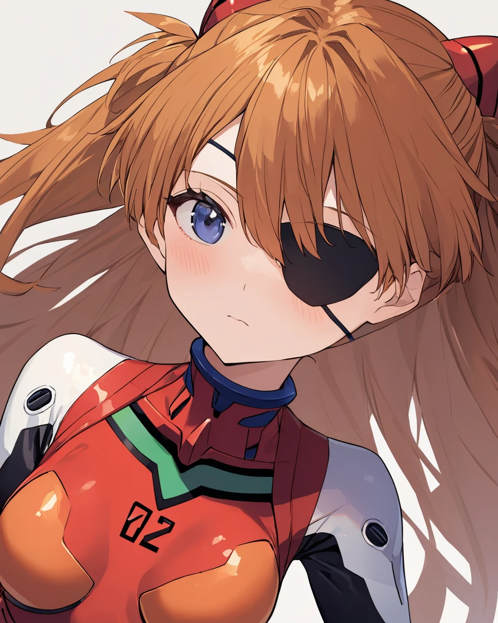 Highest quality, masterpiece,  bodysuit, Evangelion:_3.0_you_can_(do not have)_redo, Eye patch, white_background, Looking_Away, 1人of女of子, Rebuild_of_Evangelion, hair_ornament, red_bodysuit, alone, Closed_mouth, neon_Genesis_Evangelion, Canglong_Asuka_Langley, Simple_background, covered_clavicle, two_~ side_superior, Plug Suit, superiorper_body