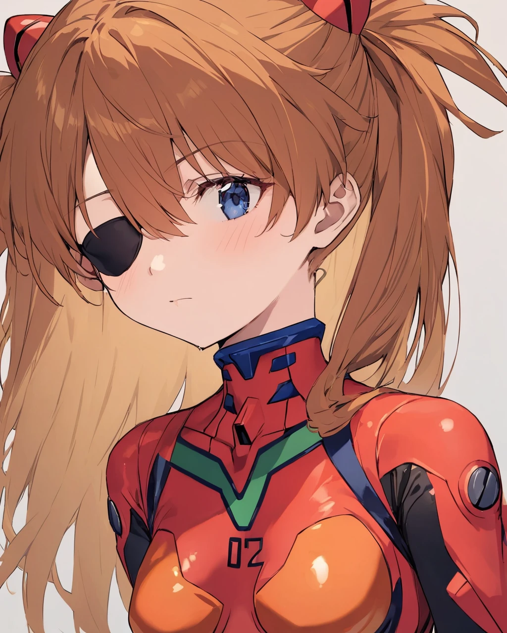 Highest quality, masterpiece,  bodysuit, Evangelion:_3.0_you_can_(do not have)_redo, Eye patch, white_background, Looking_Away, 1人of女of子, Rebuild_of_Evangelion, hair_ornament, red_bodysuit, alone, Closed_mouth, neon_Genesis_Evangelion, Canglong_Asuka_Langley, Simple_background, covered_clavicle, two_~ side_superior, Plug Suit, superiorper_body