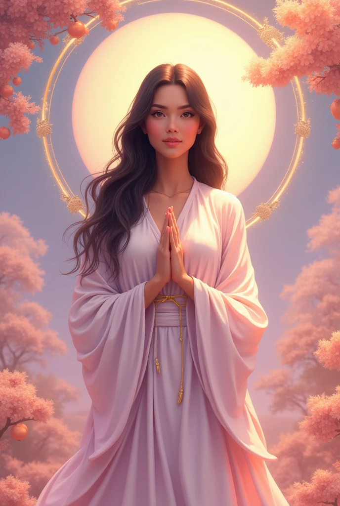 Realistic photo of a Brazilian woman , a medium-sized brunette woman with big eyes,Medium-sized mouth,small-nose,long straight black hair, Princess tiara on the head, wearing a long, light yellow and white princess-style conservative dress, with her hands clasped in prayer, kneeling, and with a blue and lilac background