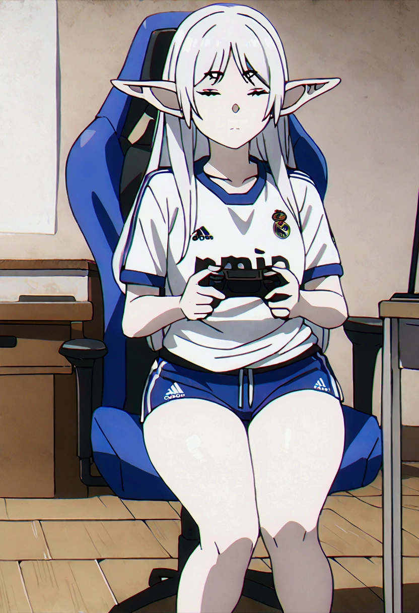 (best qualityer, work of art),sexually,  erotic, 18+, NSFW, 1 girl, 1 , dressed in the Real Madrid shirt, elf ear , 4k image quality , standing, straight posture, holding ps5 controller, short shorts ,  sitting in the games chair , one leg raised, resting on the table