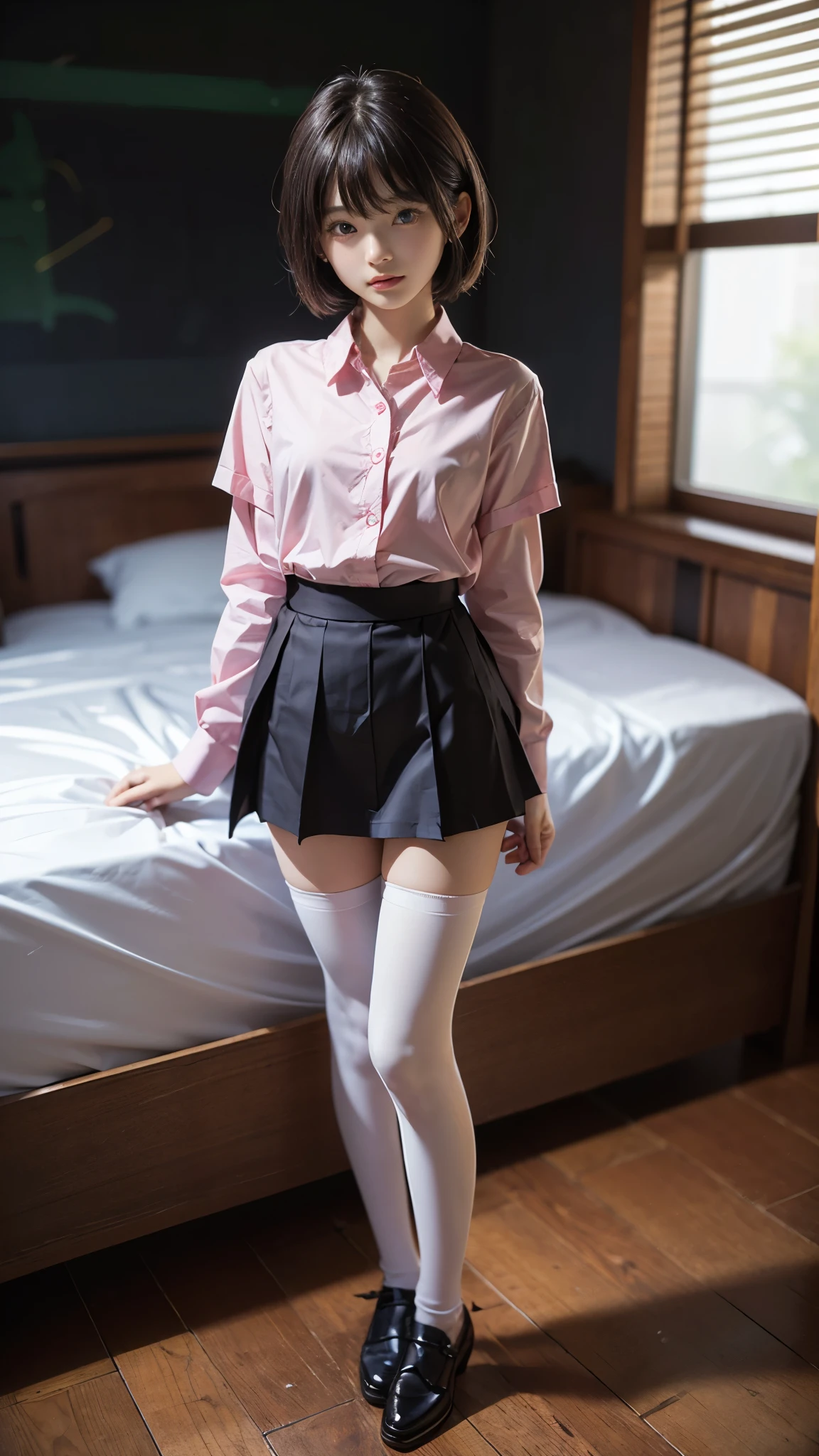 High resolution、high resolution、8k、True due diligence、The pieces fly、원시 photographgraphy、Highest quality、masterpiece、Tabletop、erotic、student、Pink Good,White skin,knees,(Skin-colored pantyhose),Panty Pattern Details、Panty Focus、Pink Panties、Absurd,Makes your face smaller、 Huge、((topless)),중간에서 앞head 분리、The forehead is visible,(Cold look<꽉 guess so,guess so부심,optimize,Light anger)、masterpiece,Highest quality、超High resolutionA,원시 photograph,only,Beautiful poop,One person, One personで,Dark look,Small breasts,whole body、very good、JK Uniform,high school girl,Japanese women,Are standing,(photoRealistic:1.37)、Photon Mapping,Light blue ribbon,Realistic、귀여운 Makes your face smaller,갈색 guess so、Black socks、22 years old、(Red bow tie)、Radio City、physics based onlydering(物理ベースのonlyダリング)、Qianfang、Depth of field rally background、photograph,Girlish,Beautiful feet, Long legs, Thin legs,Long Bob Cut,(앞head가 보인다), head, lips, green_guess so, Nose Soft,(Pink Shirt), (Navy Pleated Skirt), knees이 보인다,Light clothing,, thigh, black cotton socks,Nogizaka Idol, , Japanese ID、반짝이는 guess so、glossy lips、