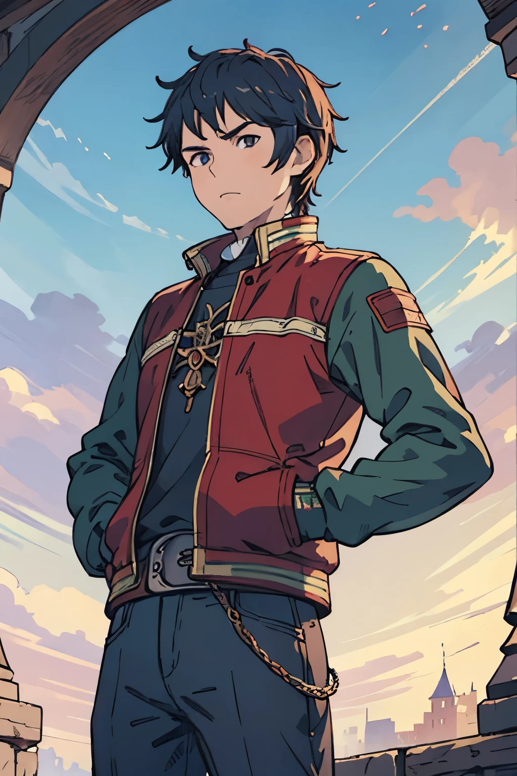 Masterpiece, Best Quality, Ultra-Detailed, 1man, adult, ager, solo, gently expression, medieval clothes, leather jacket, red details on jacket, cowboy shot, daylight, medieval kingdom background