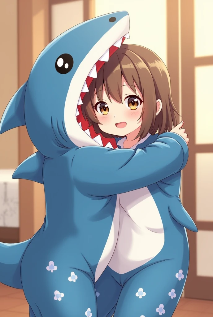 One with super cute shark pajamas with brown hair and heterochromia with light brown eyes and the other dark brown, one in a shark suit hugging her super cute and Japanese