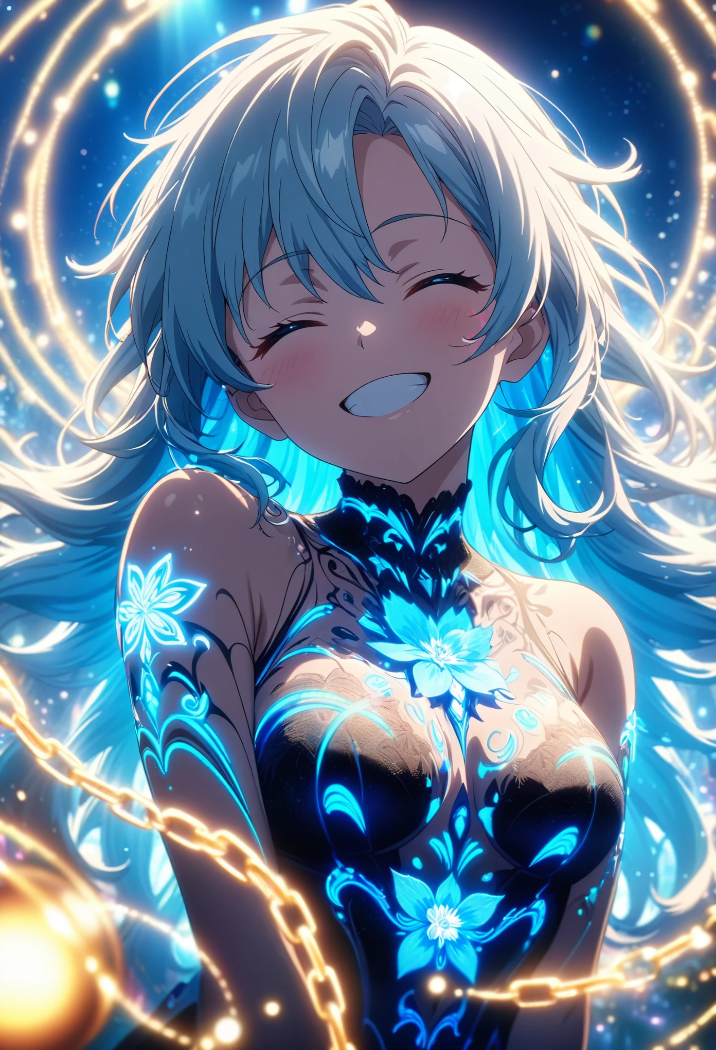 Masterpiece, highest quality, highly detailed CG Unity 8k wallpaper, anime screenshots, female anime character with neon chain. Art of a female anime character with a glowing neon flower tattoo and spiral chains all over her body. This scene with flowing hair has a nice soft focus effect, highlighting the magical glow of the tattoo. He is smiling with his eyes closed and his mouth open. Bokeh photography, (soft focus): 1.2, out of focus highlights, dreamy atmosphere, glowing circles, mesmerizing depth, depth of field