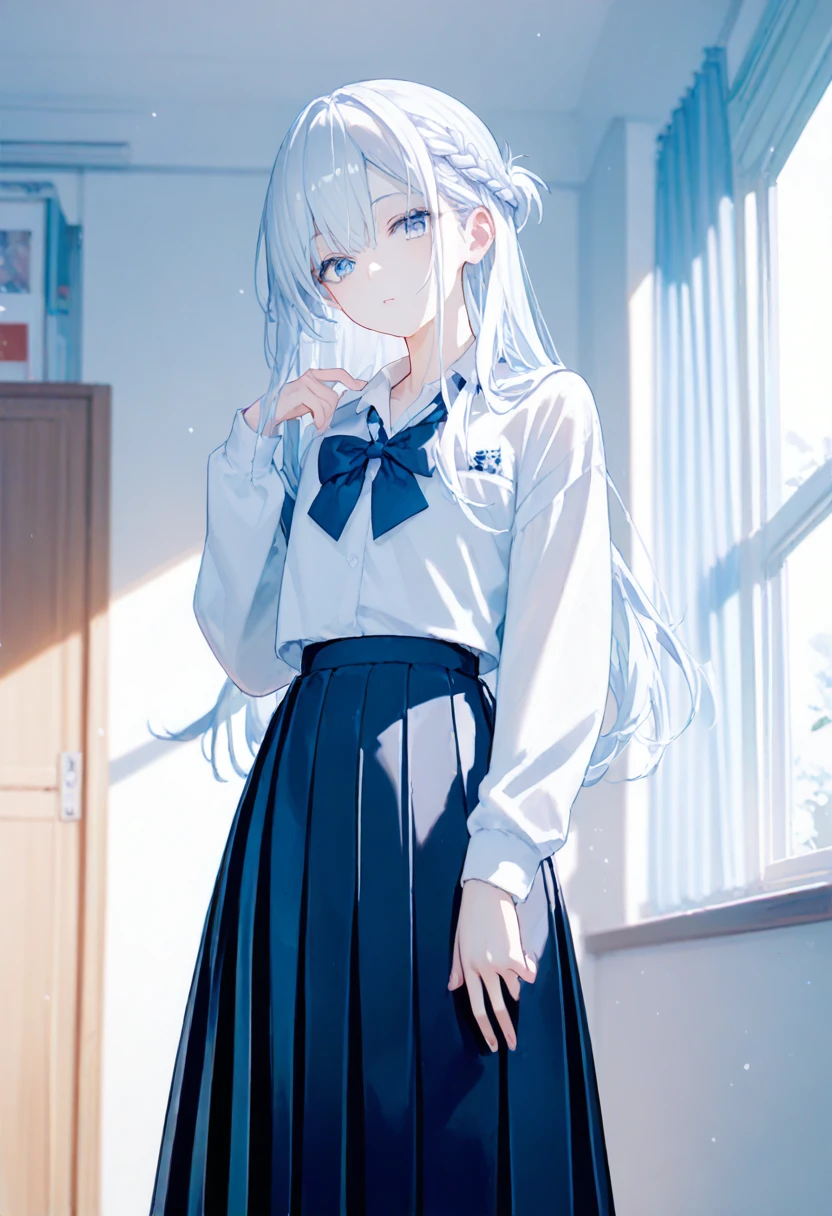 1girl, (masterpiece:1.1), (best quality:1.1), (white blouse:1.1), (plaid skirt:1.1), school uniform, high waist skirt, BREAK [blue:pink:0.5] theme, (gradient background:1.1 ), cowboy shot, BREAK silver hair, long hair,, green eyes, delicate headgear, looking sideways,