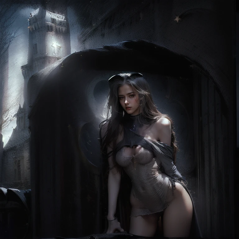 Megan fox as Vampirella, (wearing a red vampirella outfit:1.25), (muscular physique, pale skin, red glowing eyes:1.25), walking down a cemetery on a moonlit night, full moon, dark gothic atmosphere, thin legs, Realistic, Very detailed face and eyes, (masterpiece:1.1), (best quality:1.1), (ornate:1.1), (beautiful girl face:1.25)