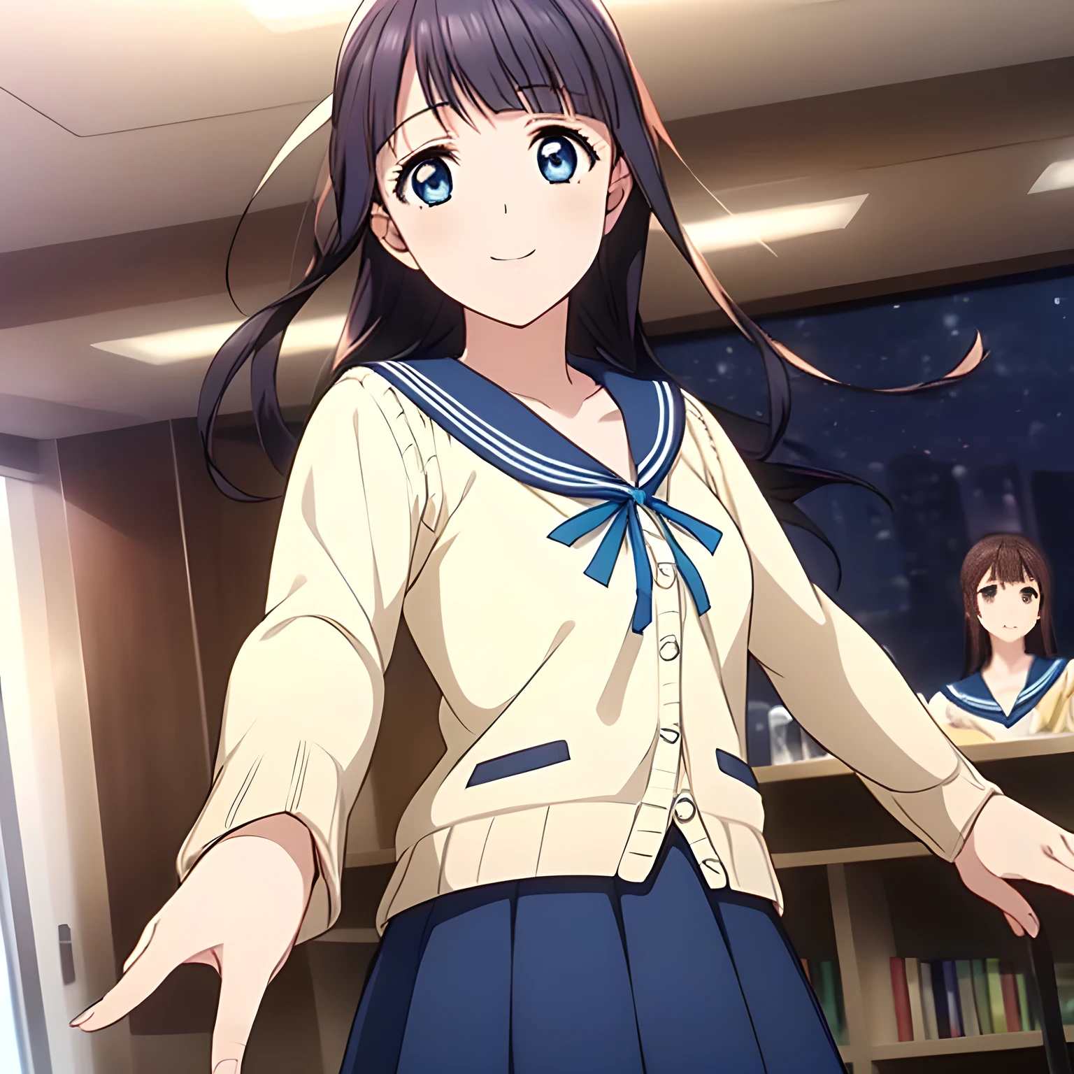 (Highest quality, masterpiece:1.2), Highest quality, High resolution, 1080P, 8k, Game heroine CG, height: 158cm, ((The heroine of the beautiful game, wearing a navy blue sailor uniform, is dancing and reaching out: 1.2)), A face everyone loves, Shiny lips, Bangs too, double, Long upper and lower eyelashes, smile blue eyes, The big, thick yellow bow tie is very cute.., ((Black Hair)), beautiful, Shiny, 長いBlack Hair, ((Parallel, Neat, Dark navy pleated skirt)), (Dark blue sailor uniform for winter with navy blue cute collar, All dark blue: 1.5), ((Navy blue sailor suit: 1.4)), smile, With your mouth slightly open like a game heroine, Ribbon in hair, Tight waist, The background is a blank white space, ((Blur the background)), (Beautiful eyes with detailed, looking deeply into my eyes: 1.2), (The sailor suit jacket, cardigan, sleeves and shoulders are all navy blue.: 1.5), The ribbon on the chest is yellow