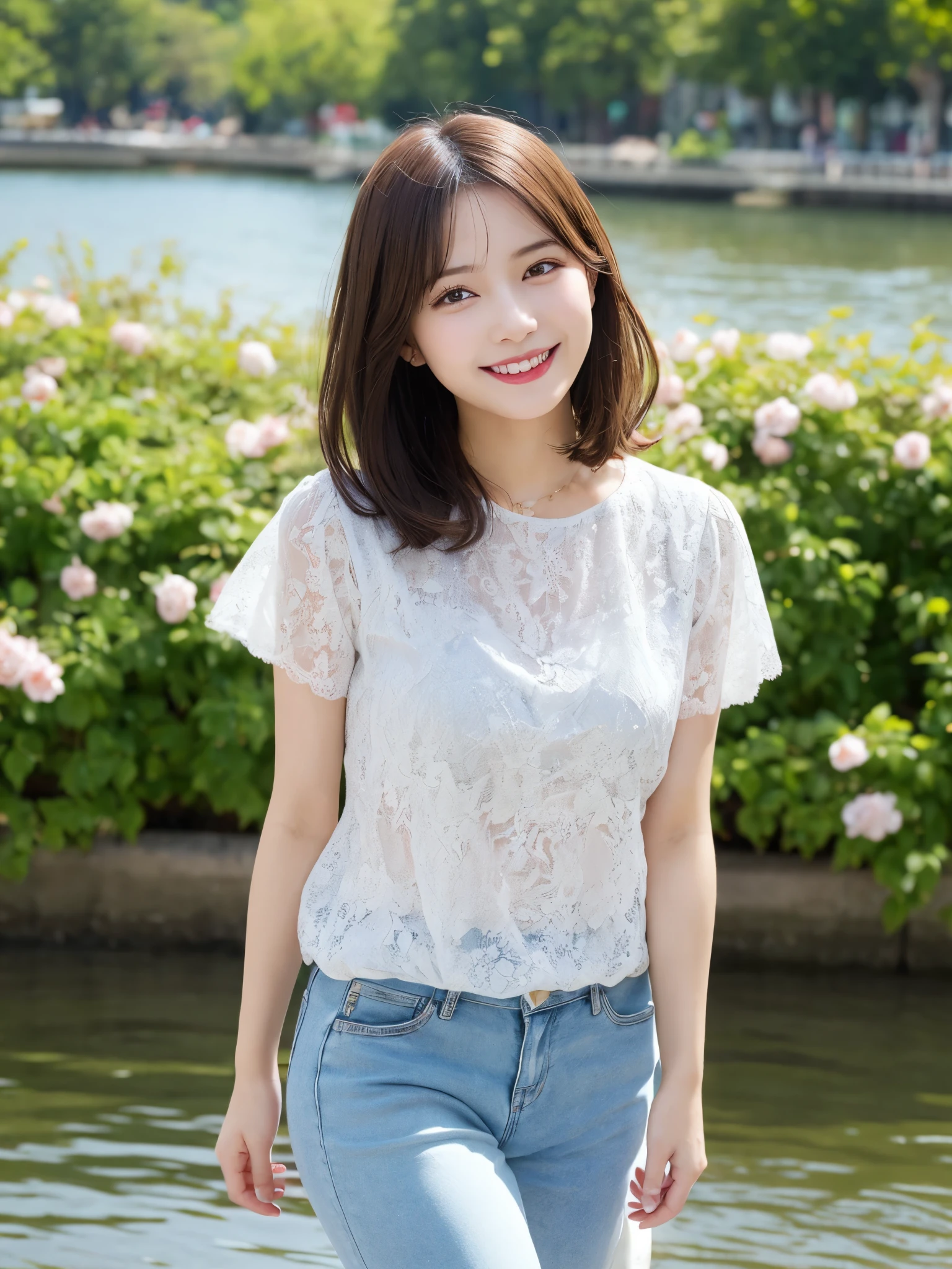 (Solo), (a detailed full-body RAW photo of a girl), (masutepiece:1.0), (Best Quality:1.4), (超A high resolution:1.2), (Photorealistic:1.4), 8K resolution, Canon EOS R5, 50 millimeters, absurderes, Ultra-detailed細, (), Cinematic lighting, Detailed beautiful face, (no-makeup:1.2), (ulzzang -6500-v1.1), petite figure, Detailed skin texture, (flat chest:1.4), (skinny and fit body:1.6), Detailed brown hair, sweltering,(Messy bob cut brown hair:1.5), ((White lace see-through shirt:1.4)), ((Shirt that shines through the light:1.4))、No bra, (Her shirt is fully buttoned and her nipples are visible.)、(light pink nipples)、(undress up to the shoulders:1.2)、((Navel Ejection))、(Lower breast)、(Mini Pleated Skirt:1.5), up skirt, Wind, More transparent, リアルにglistning skin, Detailed texture, Cameltoe, well-developed abs, wet wear, Dynamic Pose, Panty shot from below, hip focus, Daytime park, (nogizaka系の美少女:1.4), (Highly detailed beautiful face of one young girl), Great look and best quality:1.4), (Ultra-detailed), (8k wallpaper), Highly detailed, High-definition raw color photos, Professional Photography, Realistic portrait, Amazing face and eyes, Brown eyes, in 8K、Detailed face of a very detailed beautiful girl、extremely detailed eye、highlydetailed skin、extremely detailed fingers、highly detailed nose、very detailed detailed mouth、Perfect Anatomy、细致背景、Detailed clothing、1 Beautiful Girl、(16:1.2)、sixteen years old、Cute little girl s、Realistic body、((Realistic Beautiful Girl))、Model body type、de pele branca、glistning skin、Slim body、((nogizaka ))、((looking happy smile:1.2))、bangss: 1.5、kawaii faces、Lifelike face、Delicate eyes、(itting open legs)、Open your crotch、((View from below:1.3))、bikini tan,Open your crotch、((My skirt flutters in the wind and my private parts are visible.....................))、(thin pubic hair)