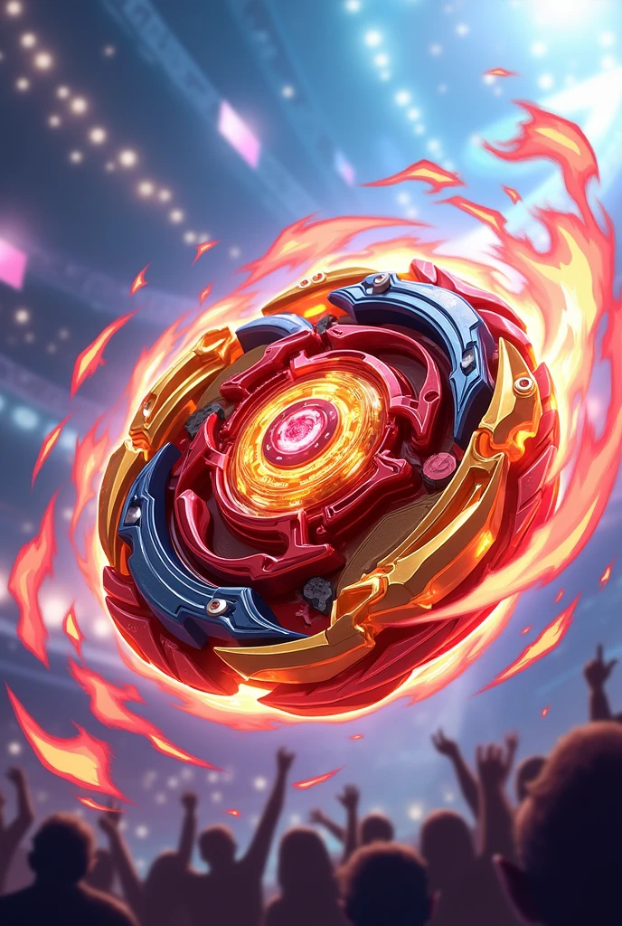 Very cool legendary Beyblade in blue, red, white and a little yellow with a monster symbol in the center with a resplendent, shiny and supreme golden leviathan in the back, anime style