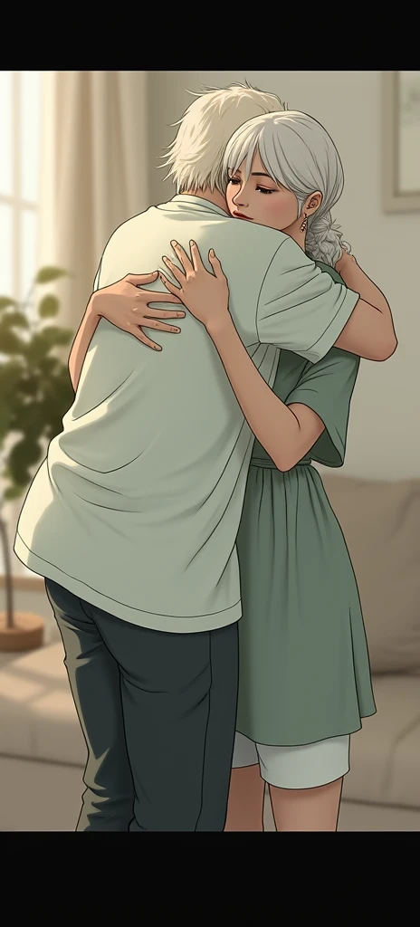 1girl, frame, underboob(sideboob:1.1), bare shoulders, 1boy(behind view:1.2), embrace from behind, nuzzling neck(gentle nibbles:1.2), arm around waist, bulge visible(erect penis outline:1.3), longing gaze, bedroom window(moonlight:1.1)