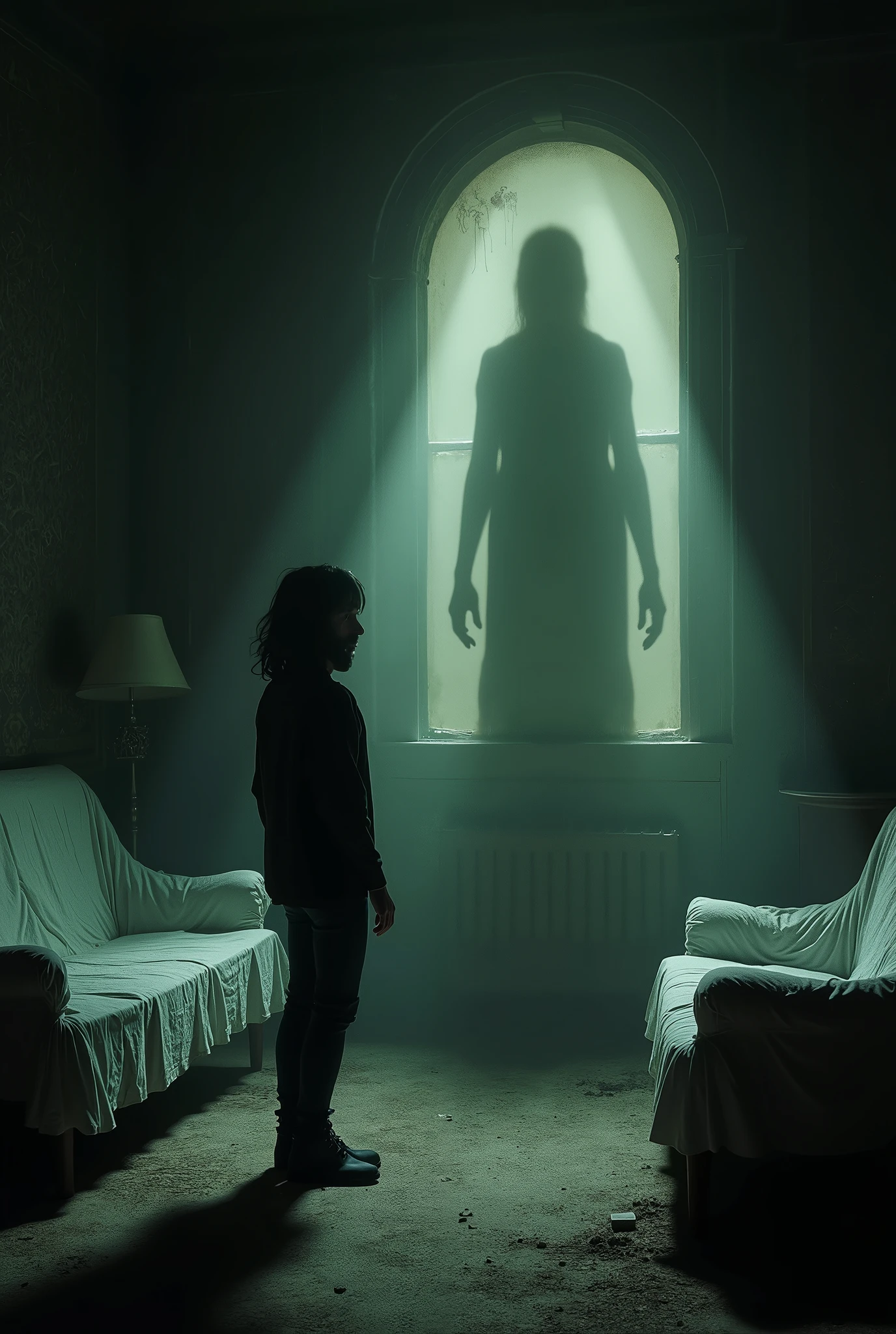 Man inside hotel room, with ghost woman
