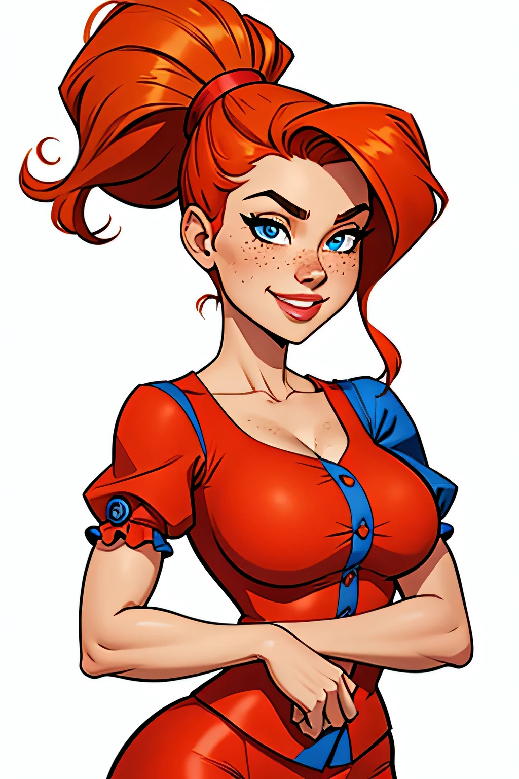 Thin woman, age 25, 4K (High definition), beautiful smiling, seducing gaze, teacher in red dress (of buttons) with V-neck and short sleeves, black belt, pele caucasiana, shoulder length curly red hair, standing, curvy with freckles and little beads of sweat running down her forehead and chest. marvel style, white background.