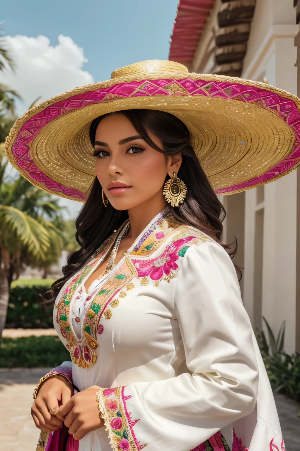 Digital artwork of a beautiful, gorgeous, full-length woman with long, wavy dark hair and a medium skin tone. The woman has striking facial features, including high cheekbones and dark, pronounced eyebrows. She is wearing a white blouse with a V-neckline, and over it a striped rebozo with green, white, and red colors in bold, intense hues. She is wearing a wide-brimmed black mariachi hat with white geometric patterns radiating outward. The overall composition is dramatic and visually striking, with a strong contrast between the vibrant colors of the rebozo, the black and white of the mariachi hat, and the solid, nuanced black background.