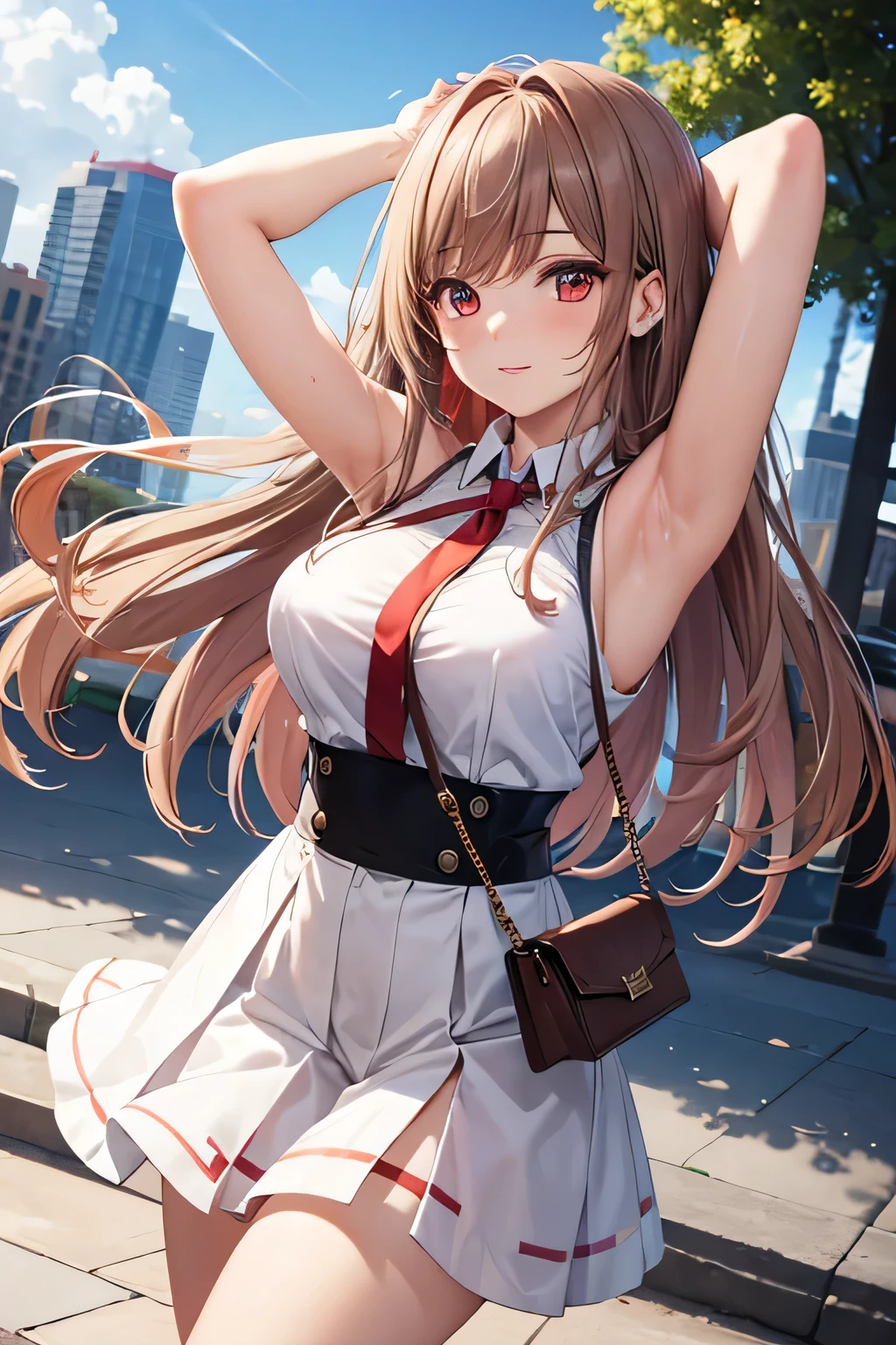 game , Goddess of Victory nods, neat , light brown hair,  captivating eyes ,beautiful face , Crystal Red Eyes ,  long hair , sleeveless shirt ,armpit, white shirt, long skirt,Selfie Wind, 1 handbag, cheerful eyes, ,G-cup breasts, slim waist, Alluring thighs, Five fingers on each hand, Two hands ,two legs , in town, date, standing, beautiful, high heel, daylight, Recreational park, Place one hand behind your head., armpit