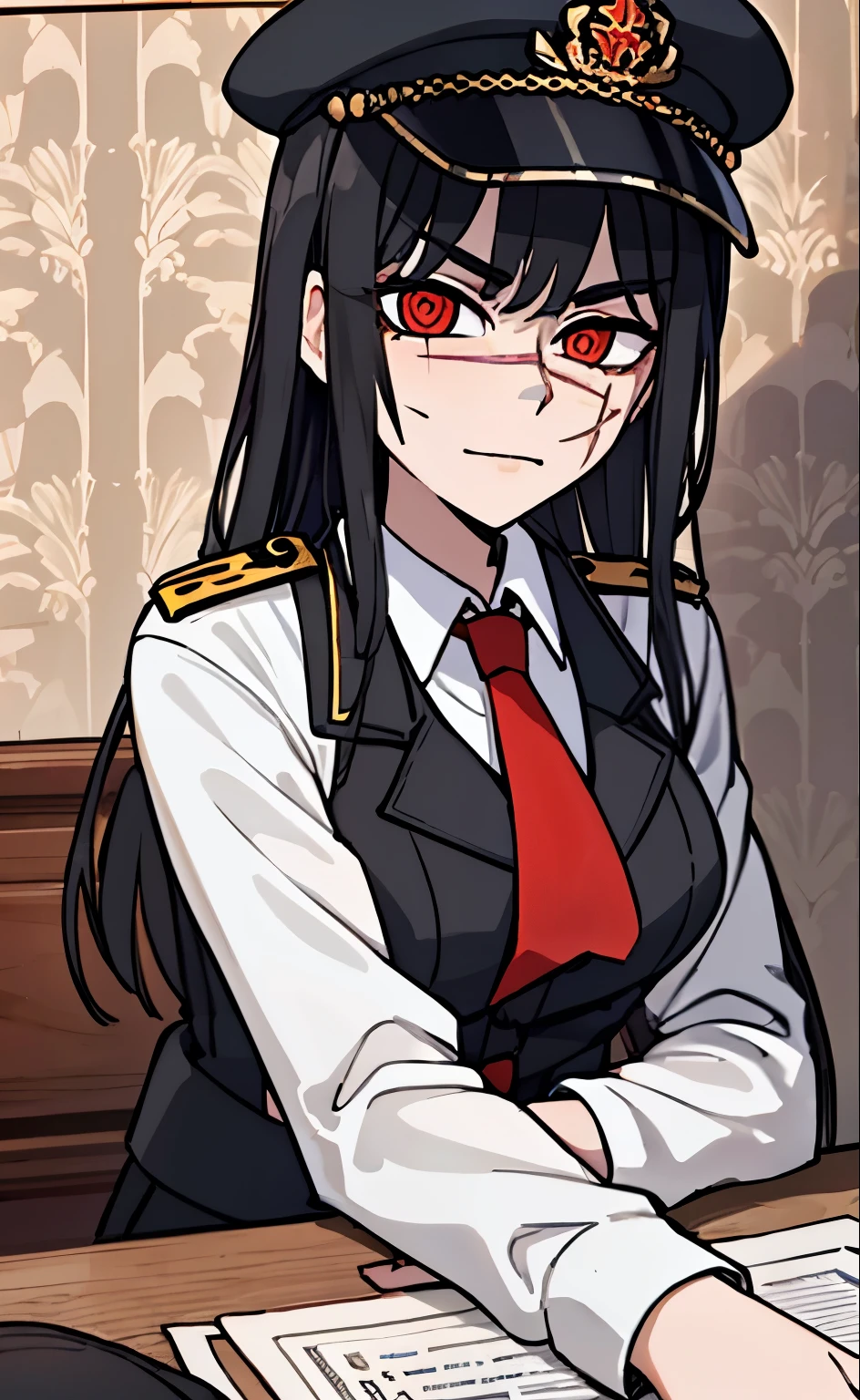 (masterpiece, best quality: 1.2), Solo, 1girl, Yoru \(Chainsaw Man\), looking at the viewer, different poses, red eye, long hair, completely black hair, reference to clothing of a German WWII general, black long sleeves (best quality), scar on face, beautiful eyes, has only 2 arms, has war medals on his clothes, Black Military Cap, Golden Eagle Medal on Clothing, (Wallpaper), (8K HD), (8K HD), Golden Shoulder Pads, Sprites, 1 Single Design (masterpiece, best quality: 1.2), Solo, 1girl, Yoru \(Chainsaw Man\), looking at the viewer, smile, happy, different poses, red eye, long hair, completely black hair, reference to clothing of a German WWII general, black long sleeves (best quality), scar on face, beautiful eyes, has only 2 arms, has war medals on his clothes, black military cap, golden eagle medal on clothing, (wallpaper), (8K HD), (8K HD), (8K HD), golden shoulder pads, sprites, 1 single design