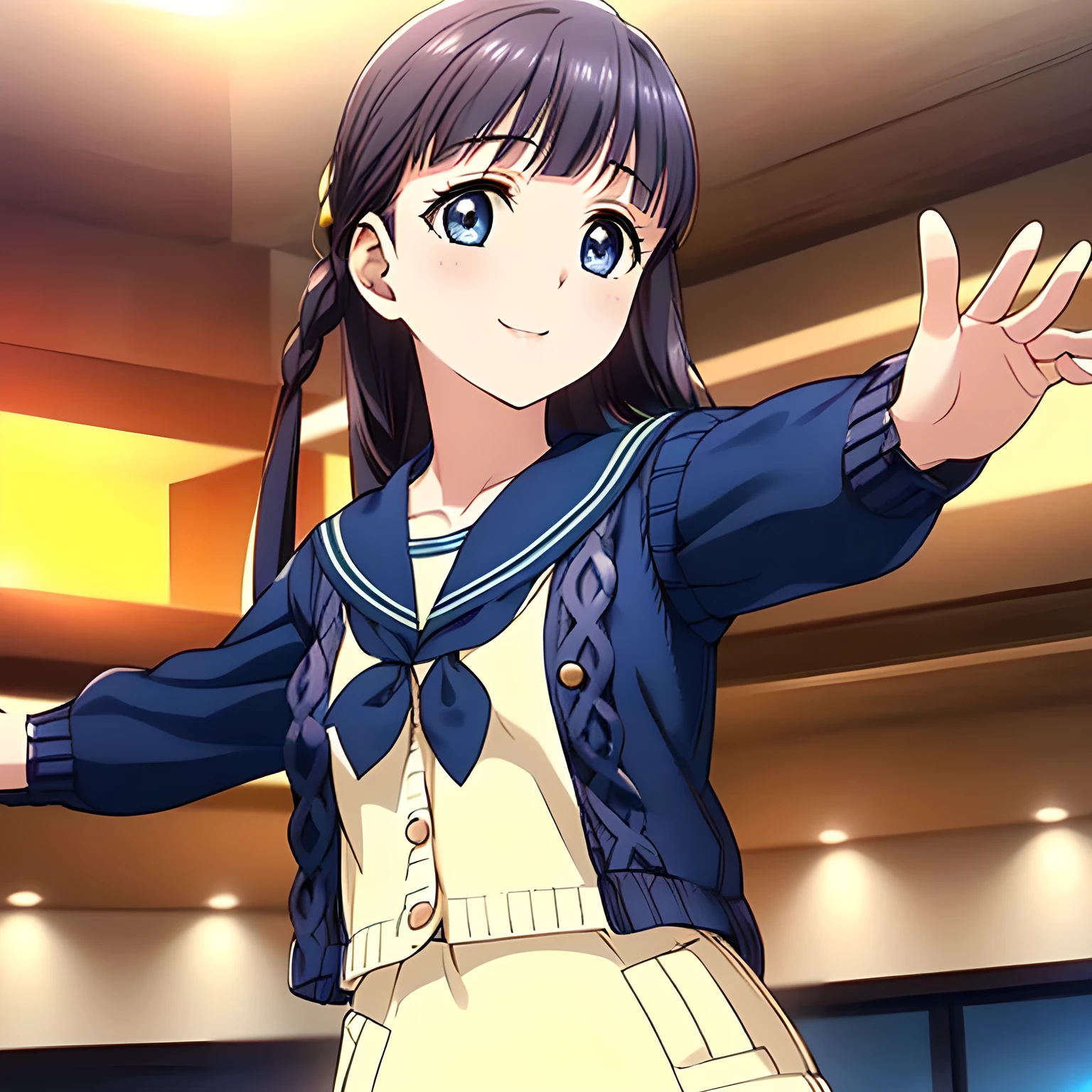 (Highest quality, masterpiece:1.2), Highest quality, High resolution, 1080P, 8k, Game heroine CG, height: 158cm, ((The heroine of the beautiful game, wearing a navy blue sailor uniform with a navy blue cardigan, is dancing and reaching out: 1.2)), A face everyone loves, Shiny lips, Bangs too, double, Long upper and lower eyelashes, smile blue eyes, The big, thick yellow bow tie is very cute.., ((Black Hair)), beautiful, Shiny, 長いBlack Hair, ((Parallel, Neat, Dark navy pleated skirt)), (Dark blue sailor uniform for winter with navy blue cute collar, All dark blue: 1.5), ((Navy blue sailor suit: 1.4)), smile, With your mouth slightly open like a game heroine, Ribbon in hair, Tight waist, The background is a blank white space, ((Blur the background)), (Beautiful eyes with detailed, looking deeply into my eyes: 1.2), (Sailor suit cardigans are navy blue: 2.0), The ribbon on the chest is yellow