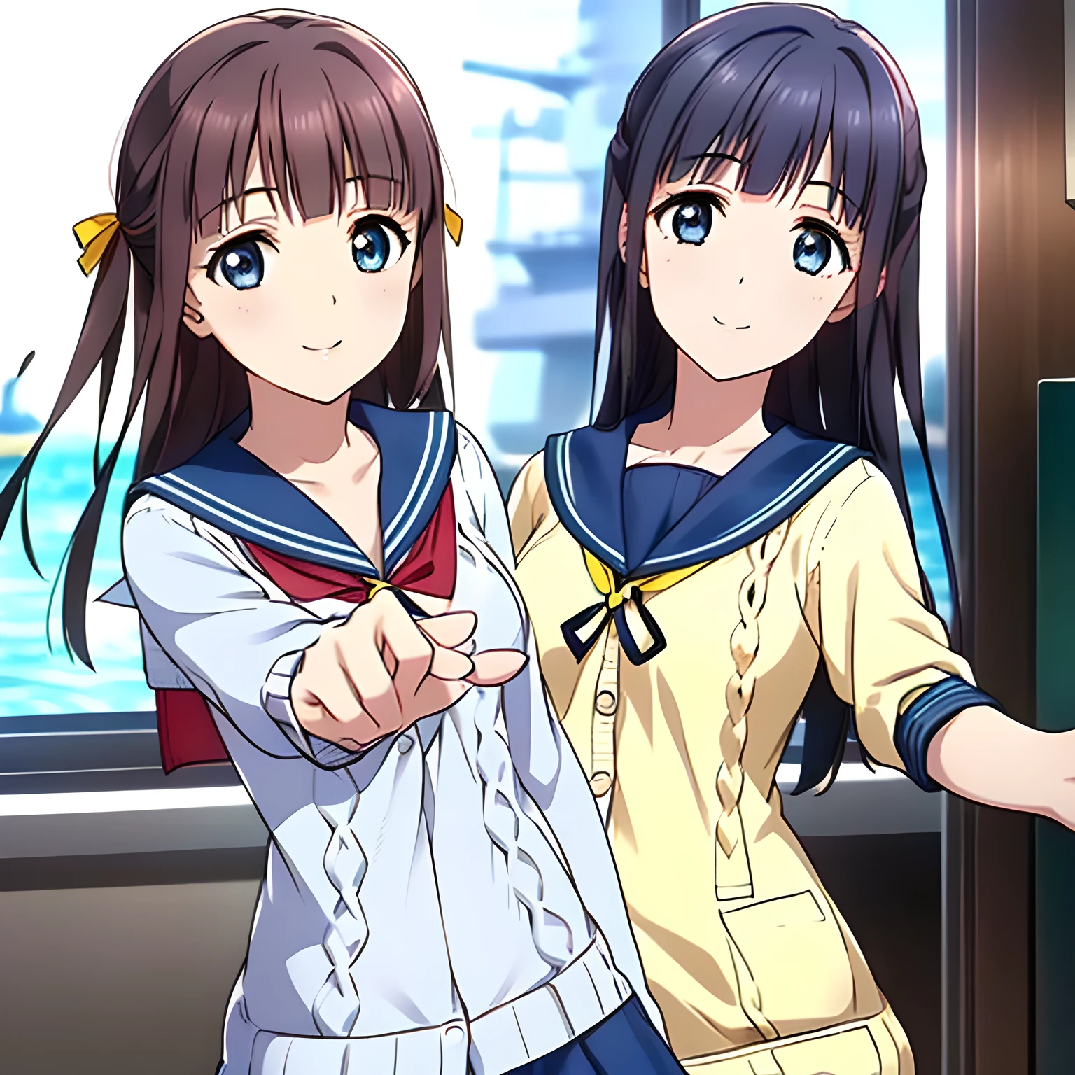 (Highest quality, masterpiece:1.2), Highest quality, High resolution, 1080P, 8k, Game heroine CG, height: 158cm, ((The heroine of the beautiful game, wearing a navy blue sailor uniform with a navy blue cardigan, is dancing and reaching out: 1.2)), A face everyone loves, Shiny lips, Bangs too, double, Long upper and lower eyelashes, smile blue eyes, The big, thick yellow bow tie is very cute.., ((Black Hair)), beautiful, Shiny, 長いBlack Hair, ((Parallel, Neat, Dark navy pleated skirt)), (Dark blue sailor uniform for winter with navy blue cute collar, All dark blue: 1.5), ((Navy blue sailor suit: 1.4)), smile, With your mouth slightly open like a game heroine, Ribbon in hair, Tight waist, The background is a blank white space, ((Blur the background)), (Beautiful eyes with detailed, looking deeply into my eyes: 1.2), (Sailor suit cardigans are navy blue: 2.0), The ribbon on the chest is yellow