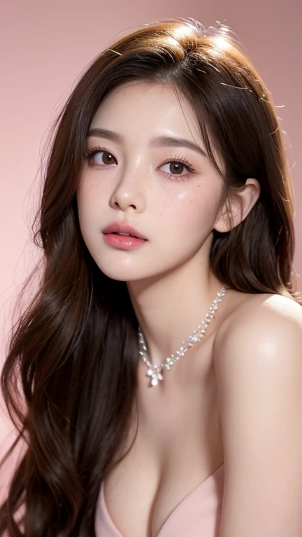 Kim Jennie with white brown hair, with curlers at the ends,with fullnude naked, look at viewer, watery nose, Pretty lips, pink lips, heart and cupid shaped lip, pretty skin, pale, White skin, with moles and freckles all over his face, soft pink blush on the cheeks, natural pink blush, soft pink makeup, Jennie, nice neck, marked collar, frown, tender look, with a kiss necklace, a pretty kiss necklace, similar to Yumeko Jabami, fullnude, (big breasts, soft breasts, nice breasts), while she is FULLNUDE, small breast